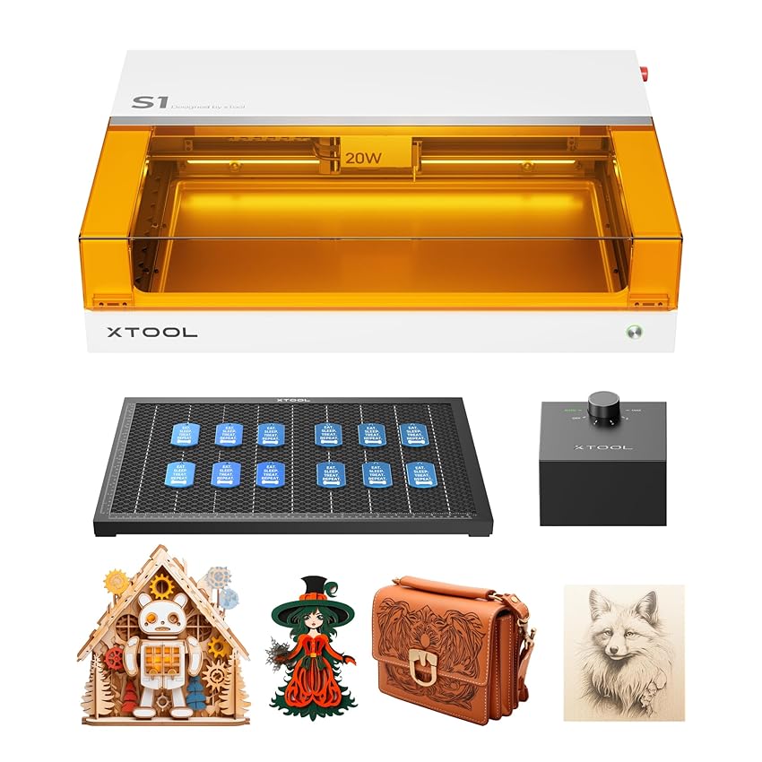 xTool S1 20W Incisore Laser Basic Kit con Aisst Aria Intelligente e Pannello a Nido d'Ape, Velocità 600 mm/s, Fuoco Automatico, Blocco Fumo, 498 * 330mm per Metallo, Legno, Acrilico, Tumbler (Bianco)