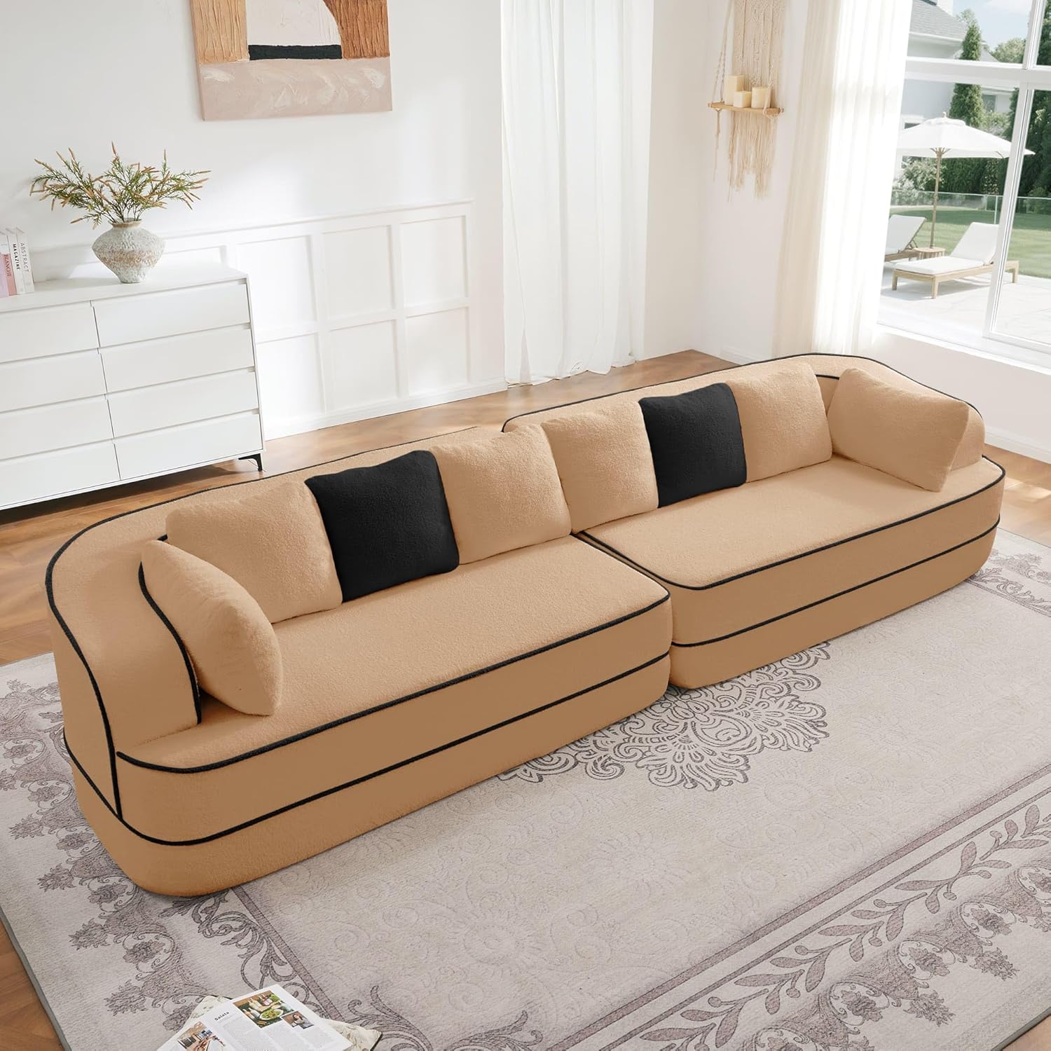 134.7" Modular Sectional Couch Sofa for Living Room,High Density Sponge Boneless Sofa with 4 Seater,Cloud Couch with Soft Teddy Fabric,No Assembly Required,Green
