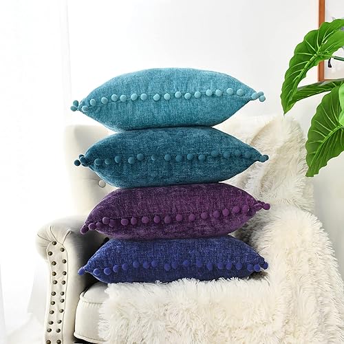 Miniatura 7 de CaliTime - Juego de 2 fundas de cojín de felpilla suave teñida, con pompones, para sofá o decoración del hogar