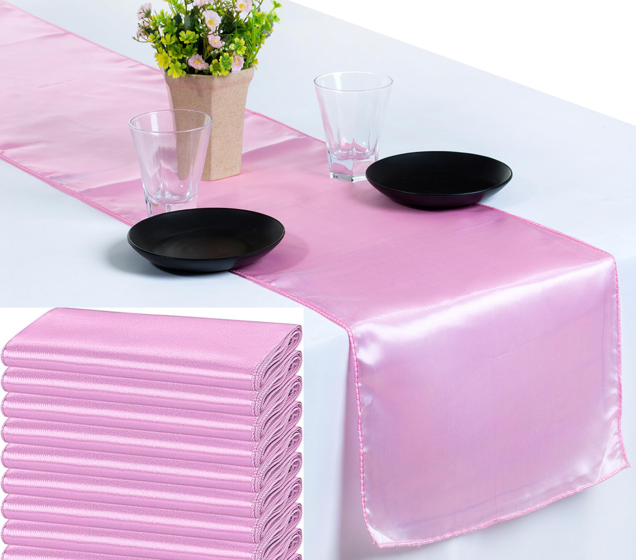 VDS Pack of 20 Satin Table Runners for Wedding & Party Décor 12” x 108”, Smooth Glossy Sateen Fabric Runner, Dining Table Decoration for Reception Banquet & Events Hotel Restaurant - Pink