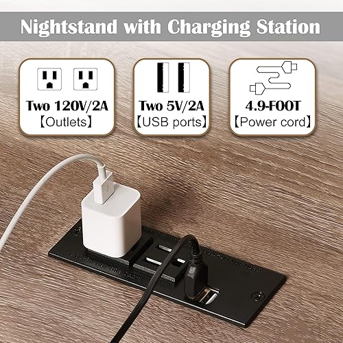 Miniatura 7 de TOLEAD Juego de 2 mesitas de noche con estación de carga mesita de noche alta con estantería abierta ajustable mesa auxiliar industrial de 47