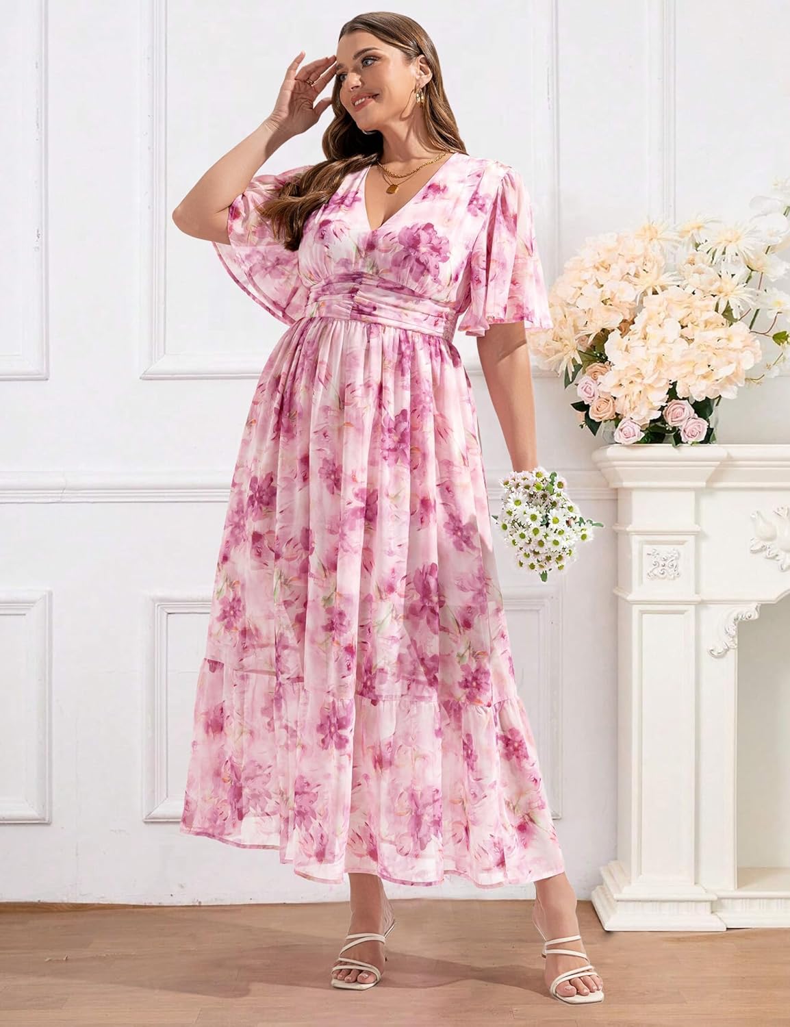 Plus Size Floral Maxi Dress Chiffon V Neck Flutter Sleeve Summer Wedding Guest Boho Long Dresses - Image 5
