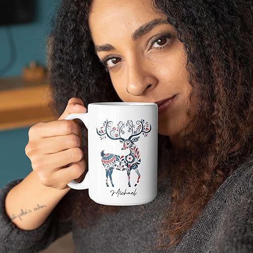 Miniatura 5 de Taza de café escandinava vintage, arte floral nórdico con ciervos, taza de café personalizada con nombre para amantes del arte popular, regalo para
