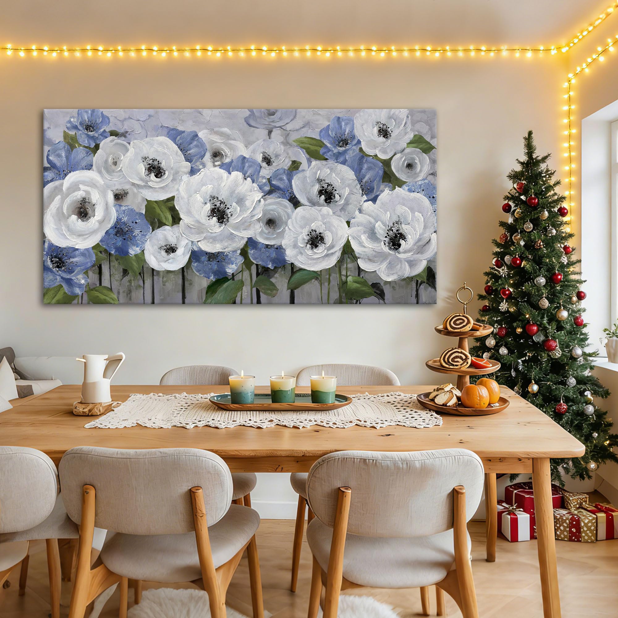 Floral Wall Art for Living Room- Large Canvas Paintings with Floral Wall Picture - Flower Wall Decor in Blue & White, Textured Artwork - Landscape
