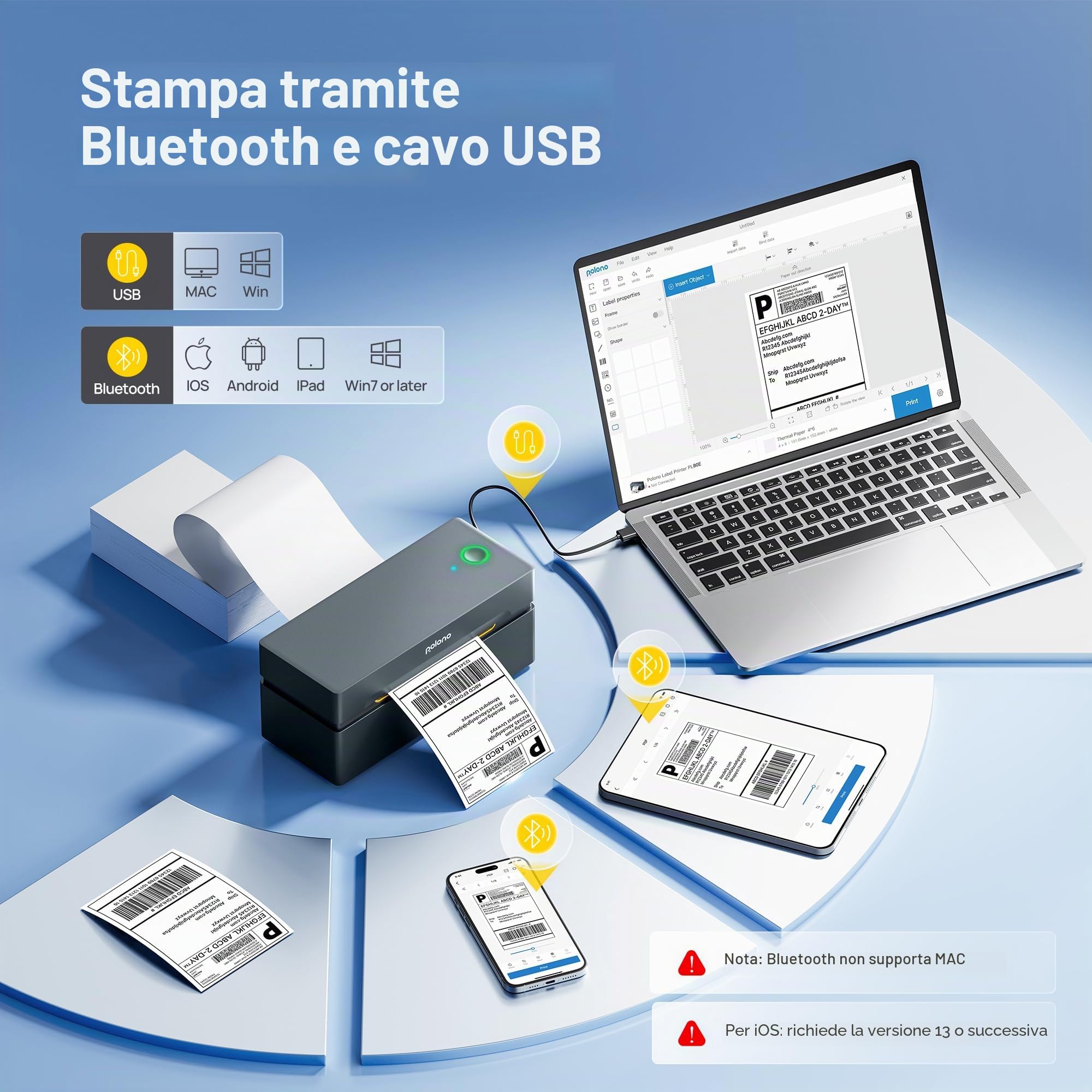 POLONO Stampante per Etichette Bluetooth, Etichettatrice Termica 4 x 6 per iOS, Android, Windows e Mac, compatibile con Amazon, Ebay, Shopify, Etsy, USPS, Grigi, 1 Pack+2 Accessori