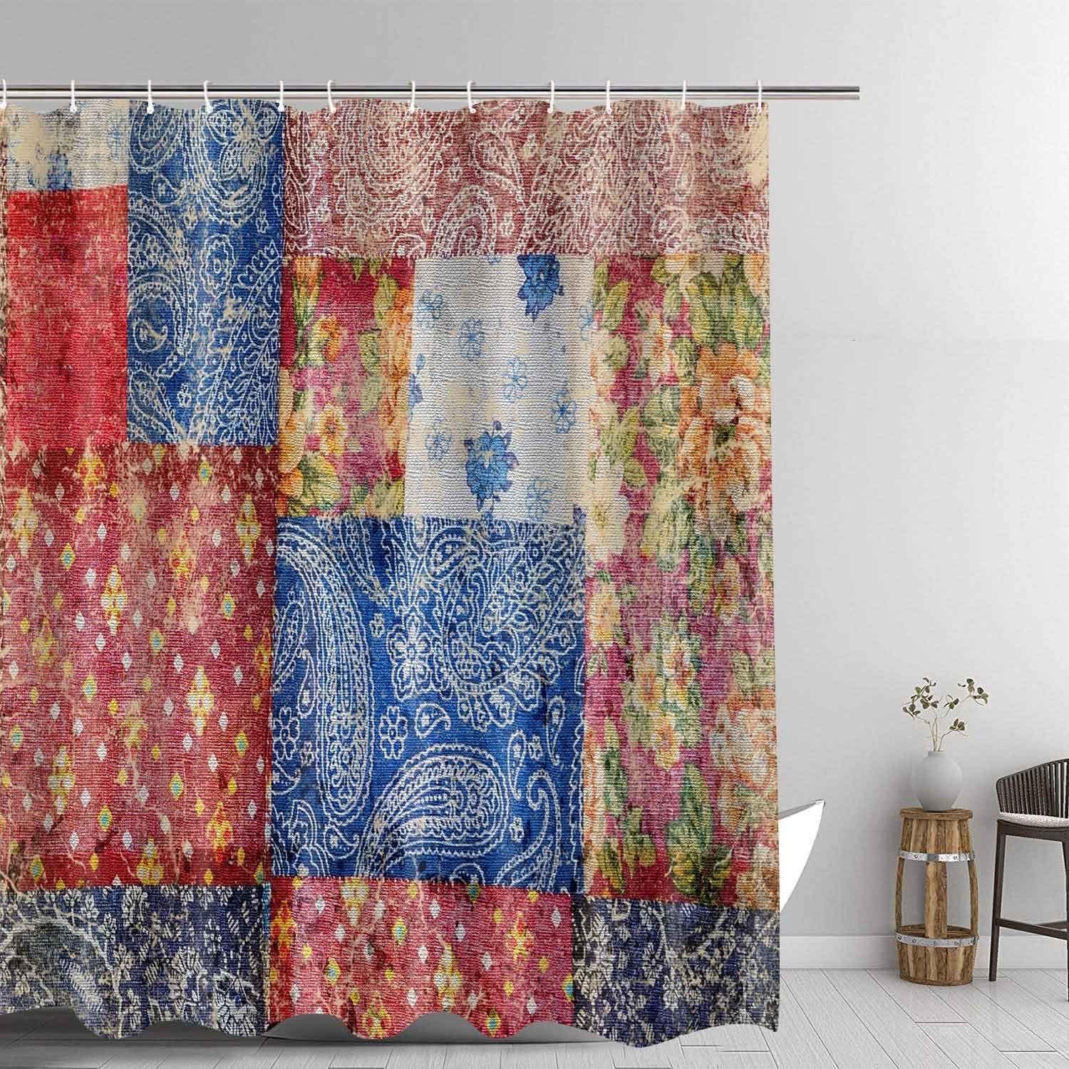 GURETER Patchwork Shower Curtain, Boho Floral Shower Curtains, Red Blue Geomotric