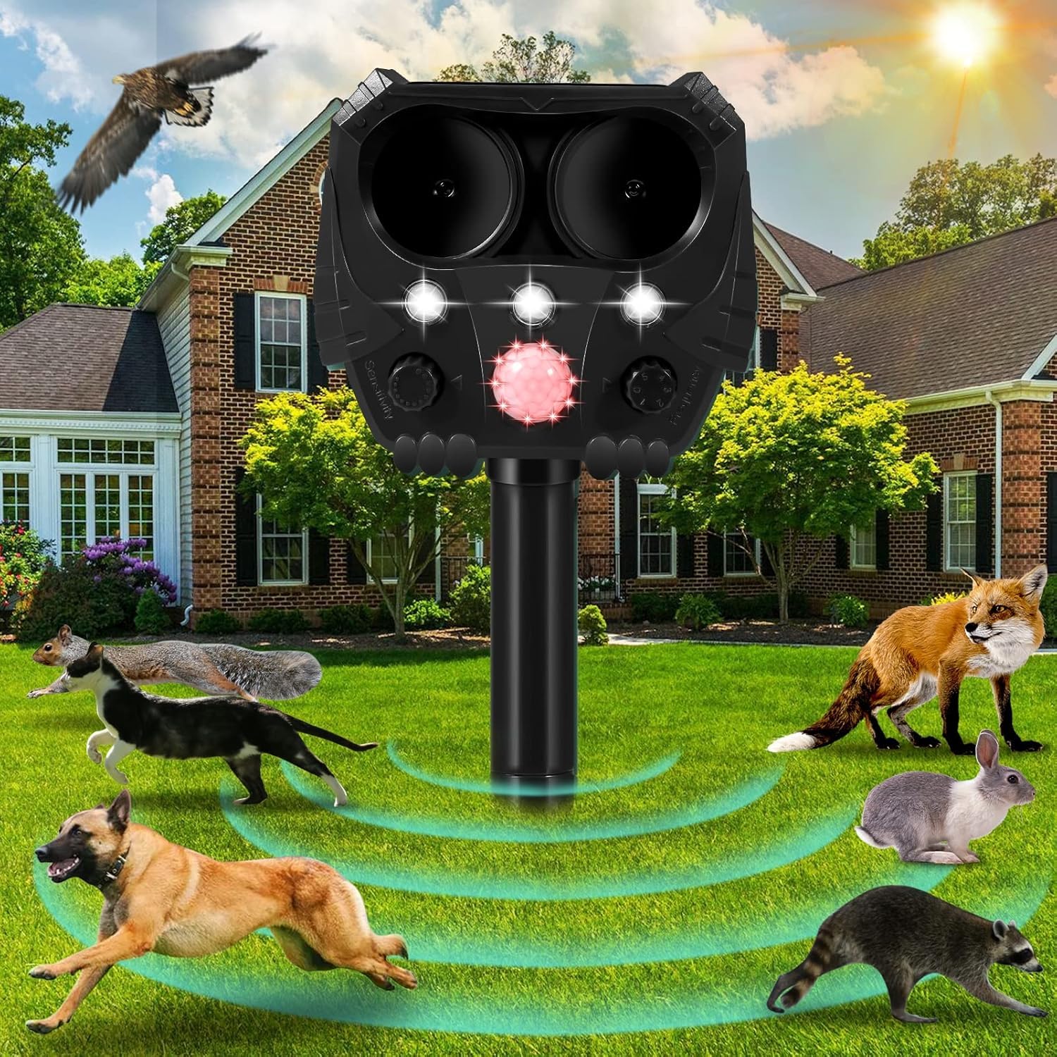 PZJFH Garden Spaventa gatti a ultrasuoni per giardino con sensore di movimento PIR, impermeabile IPX4, con flash LED, repellente per gatti da giardino, efficace contro gatti, cani, uccelli, volpi