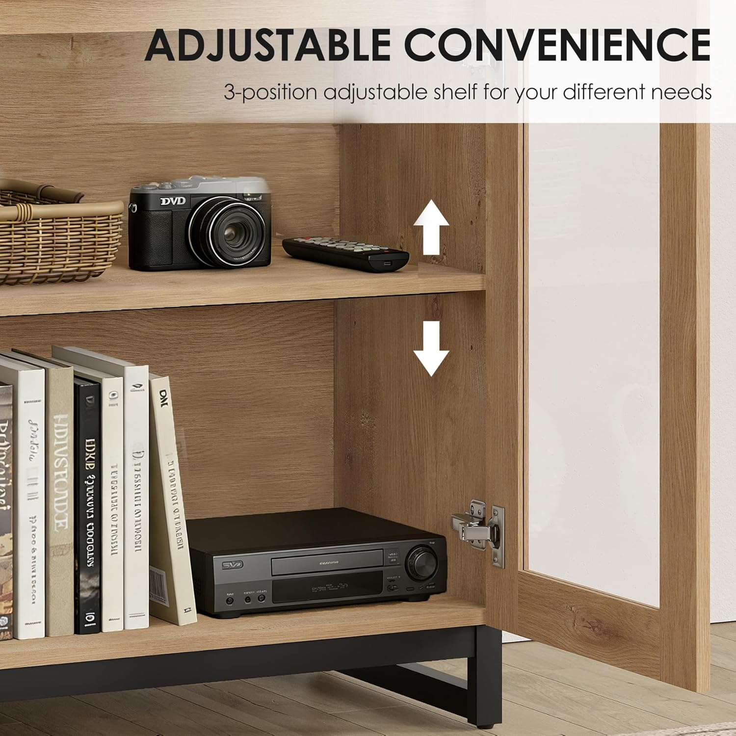 WAMPAT Modern TV Stand with Glass Doors for 70-100 inch TVs, 3 in 1 Entertainment Center Console with Adjustable Shelves and Metal Base for Living Room, Bedroom, Oak