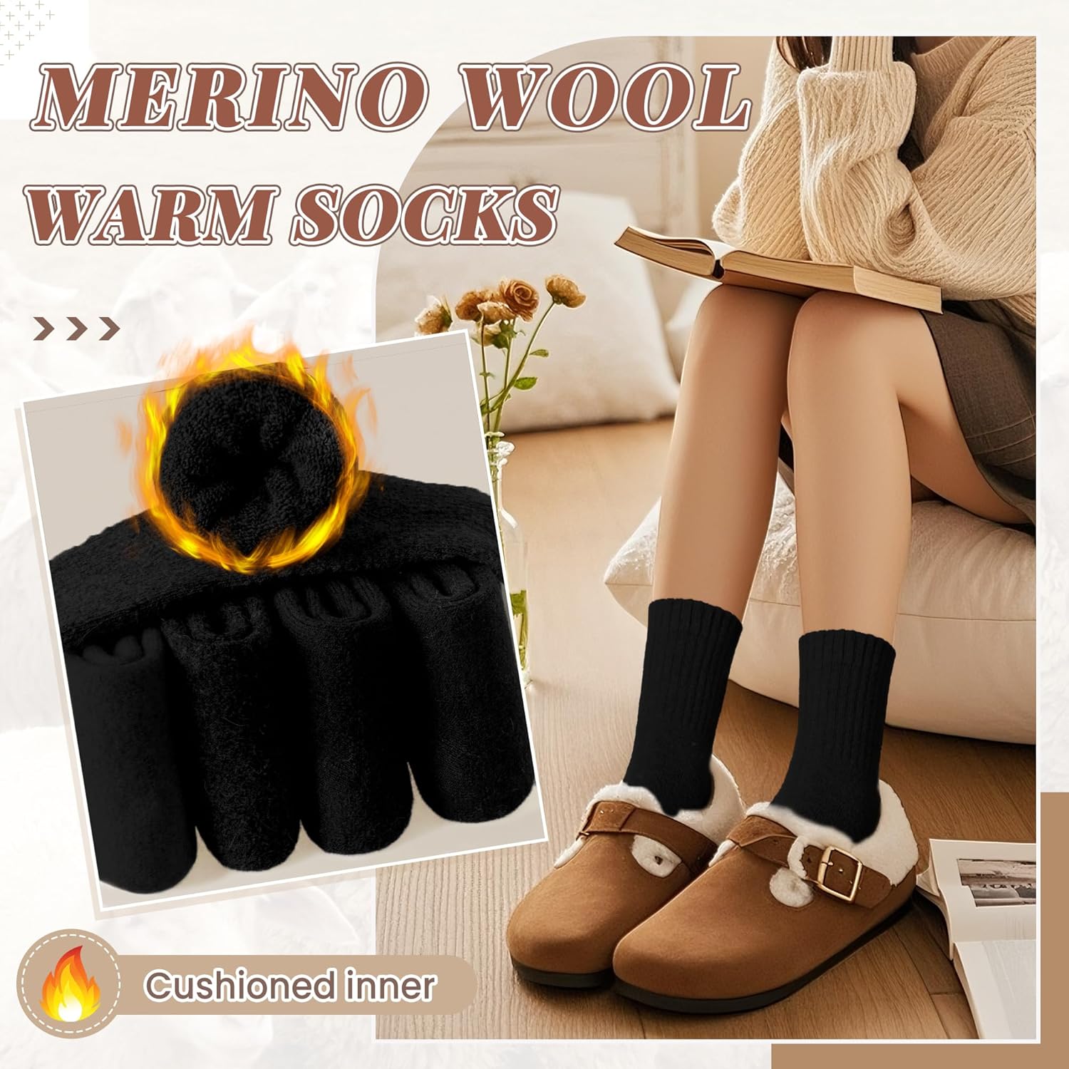 Merino Wool Socks For Women Hiking Winter Boot Thermal Warm Thick Cozy Work Crew Socks 5 Pairs - Image 3