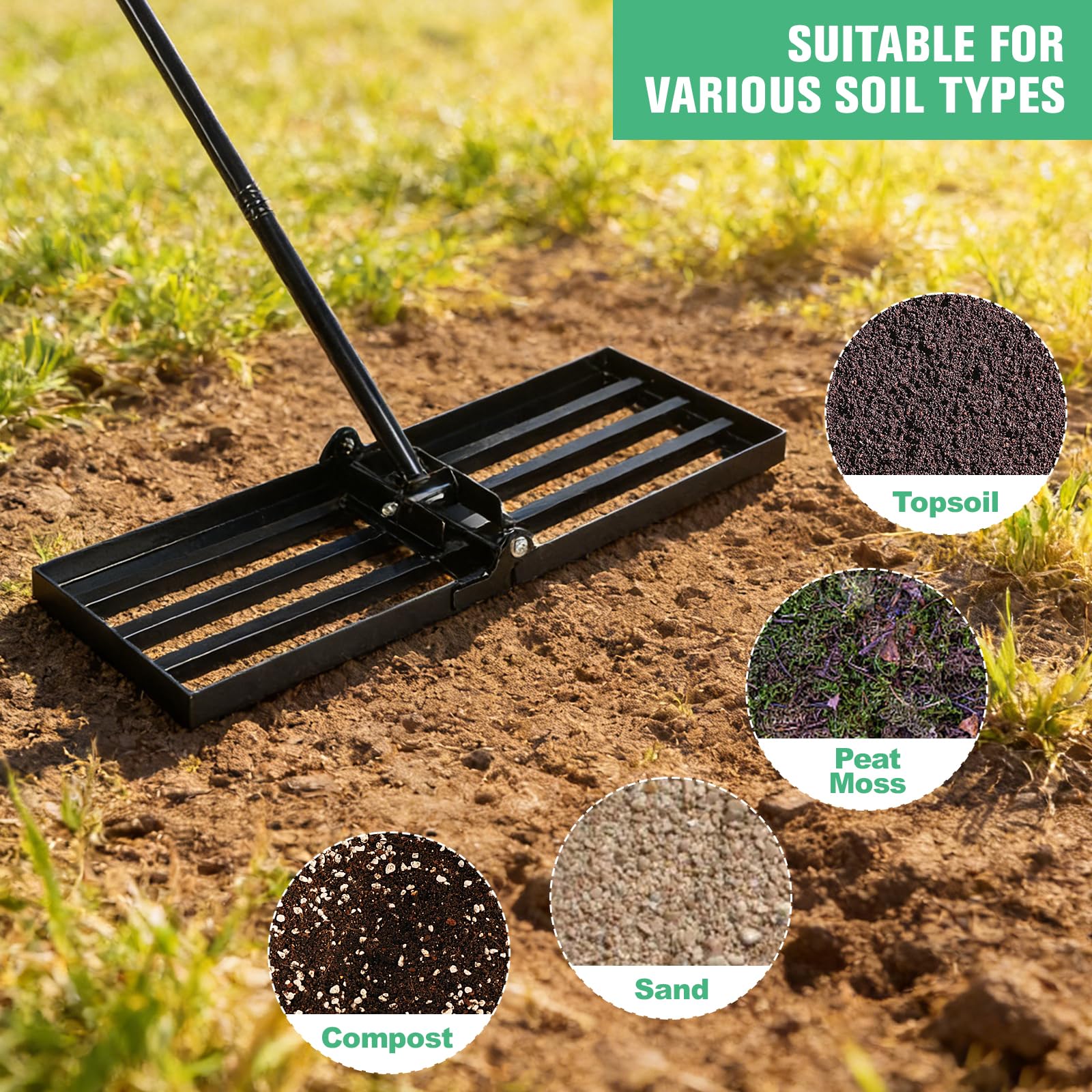 Rastrello 2 in 1 con manico regolabile (81 – 213 cm) e testa pieghevole – Attrezzo da giardino durevole in ferro per livellare terreno, sabbia e terriccio