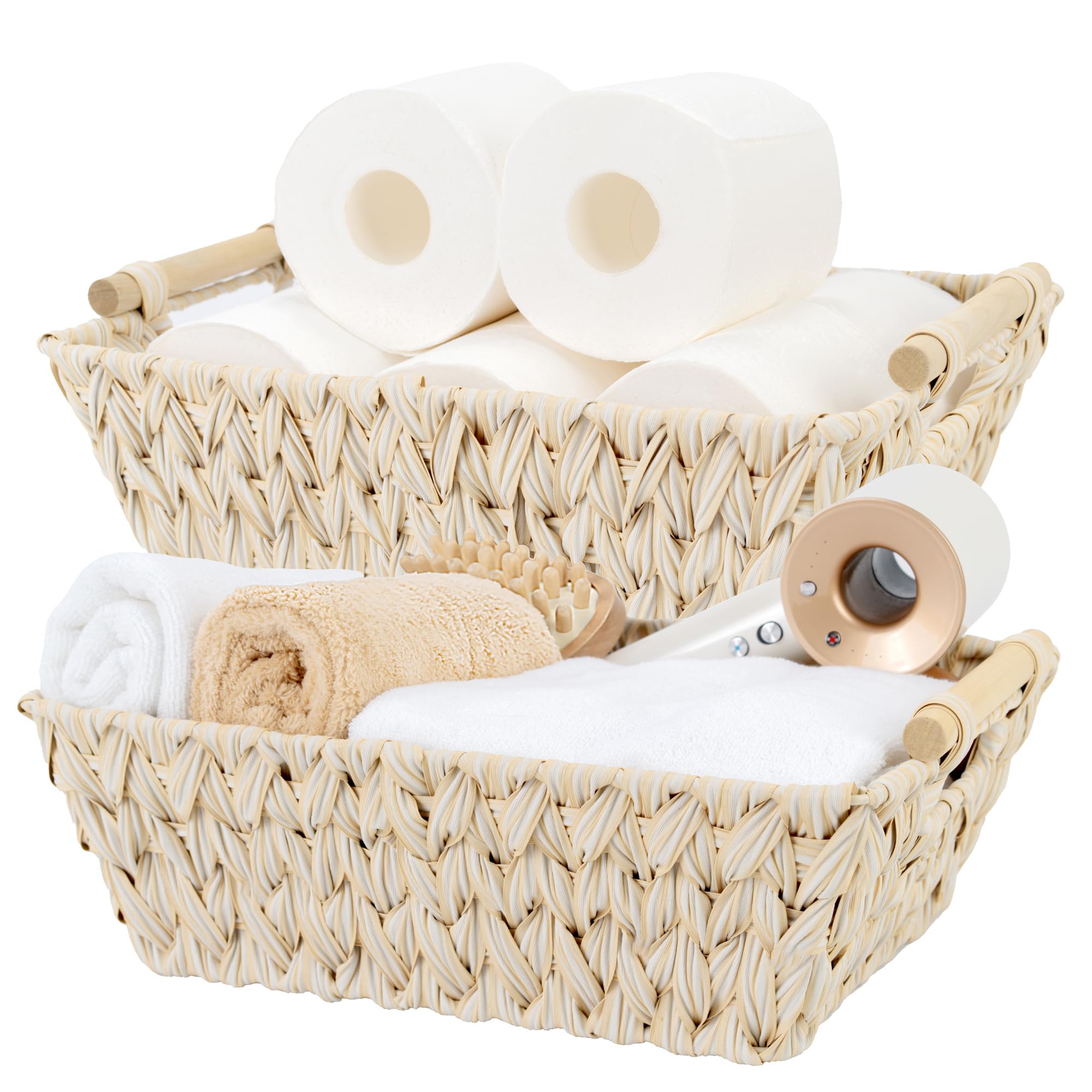 GRANNY SAYS Wicker Storage Baskets, Pack of 2 Woven Storage Baskets for Shelves, Trapezoid Wicker Boxes with Handles for Organising, White