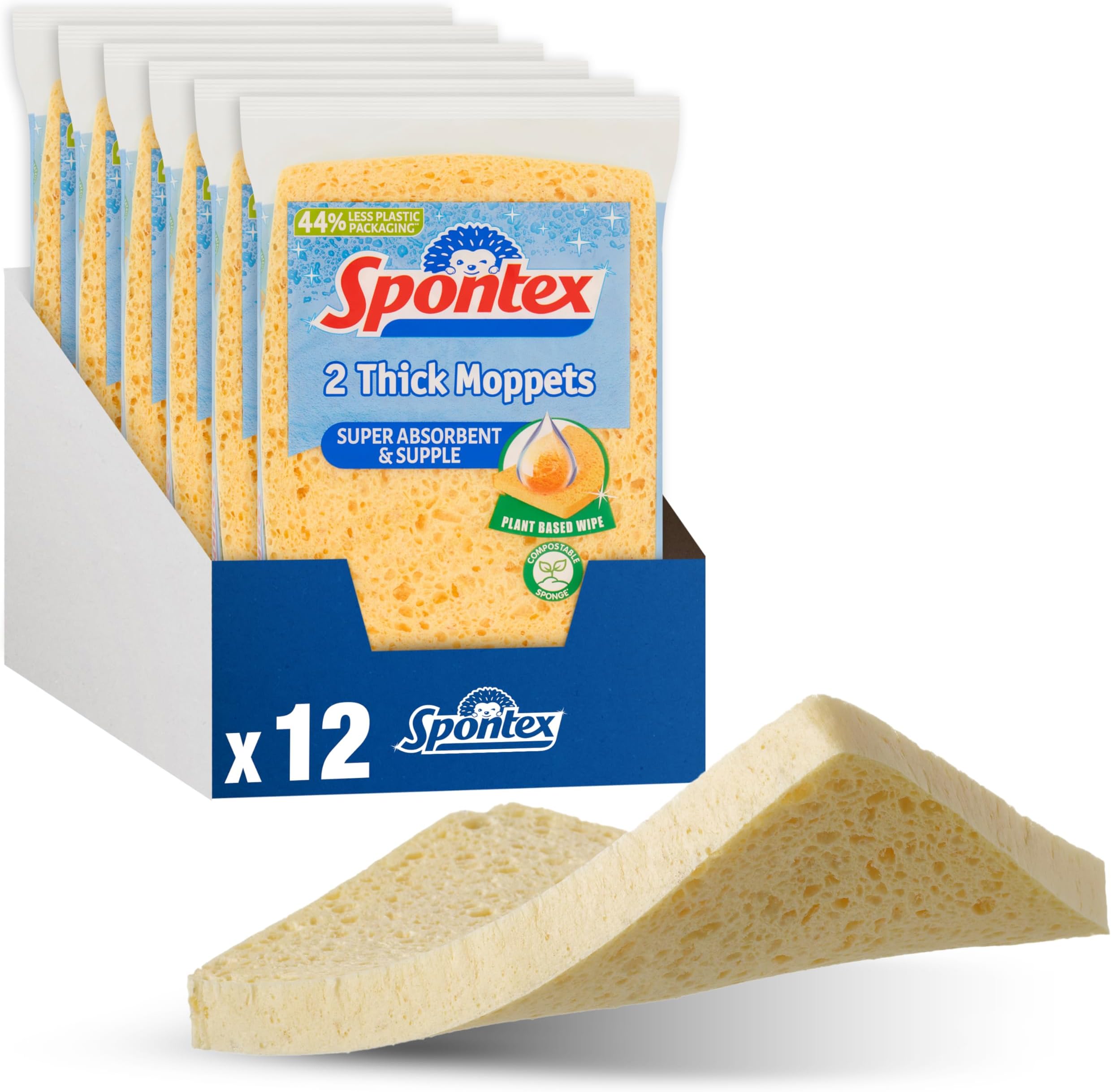 Spontex 12 Thick Sponge Moppets Value Pack 16 x 12cm Super Absorbent & Supple Plant-Based Cleaning Sponges 12 Count