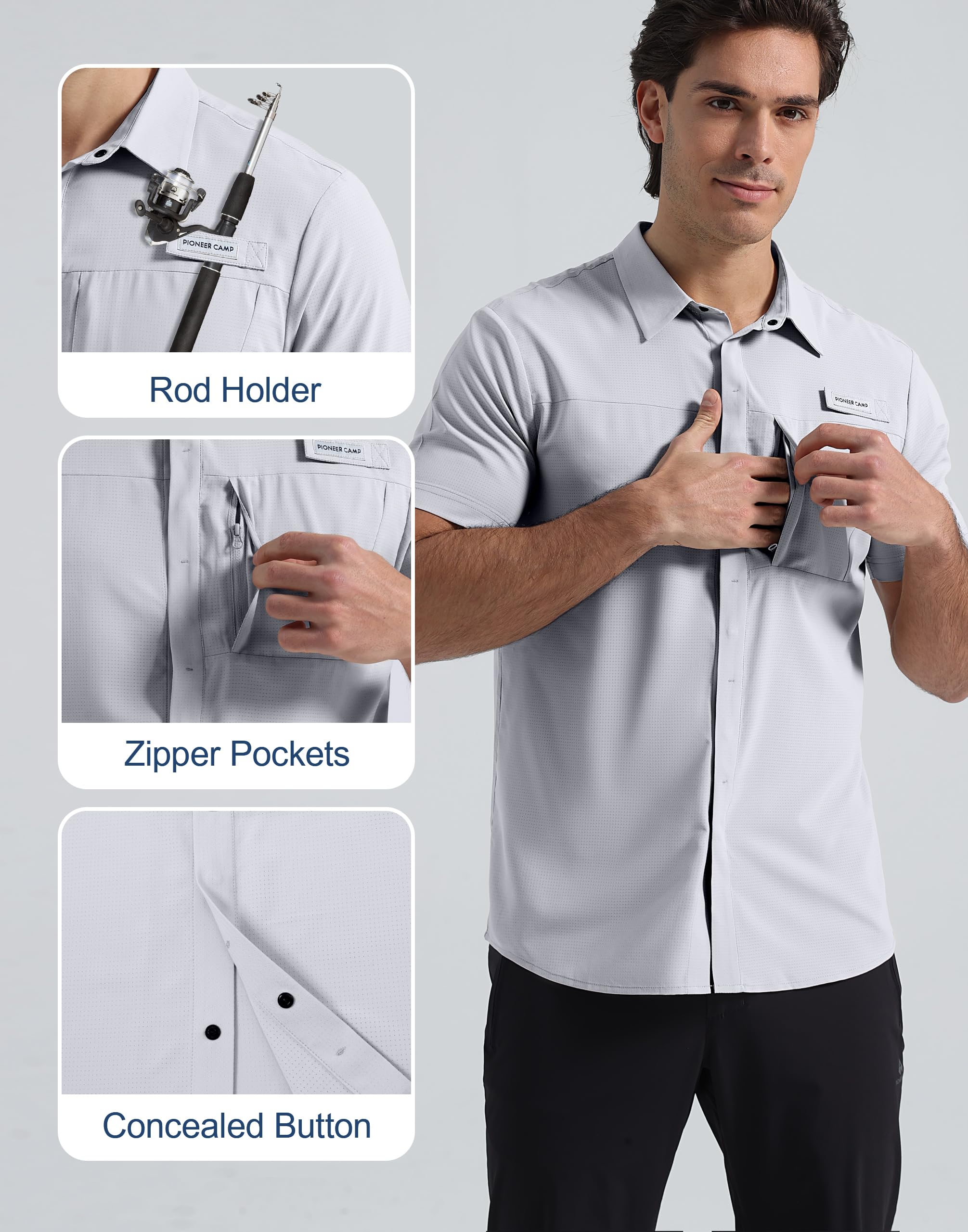Pioneer Camp Camisas de pesca para hombre con bolsillo con cremallera UPF 50+, ligeras, informales, de manga corta, con botones, para senderismo