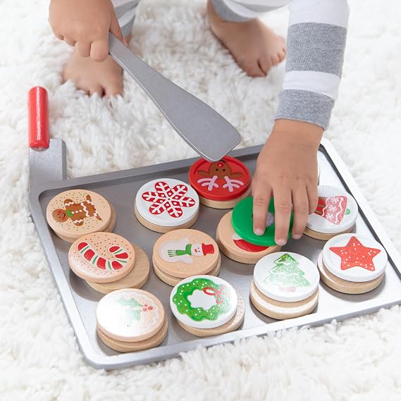 Melissa & Doug Slice and Bake Wooden Christmas Cookie Play Food Set | 28 Pieces, 12 Wooden Cookies, 12 Toppings, Cookie Sheet, Oven Mitt, Pretend Play Baking Set, Preschool Toys for Kids, Ages 3+
