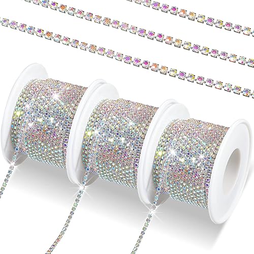 3 rollos en total de 33 yardas de 0.079in de diamantes de imitación de cristal, cadena de cristal para coser, manualidades, decoración, joyería de