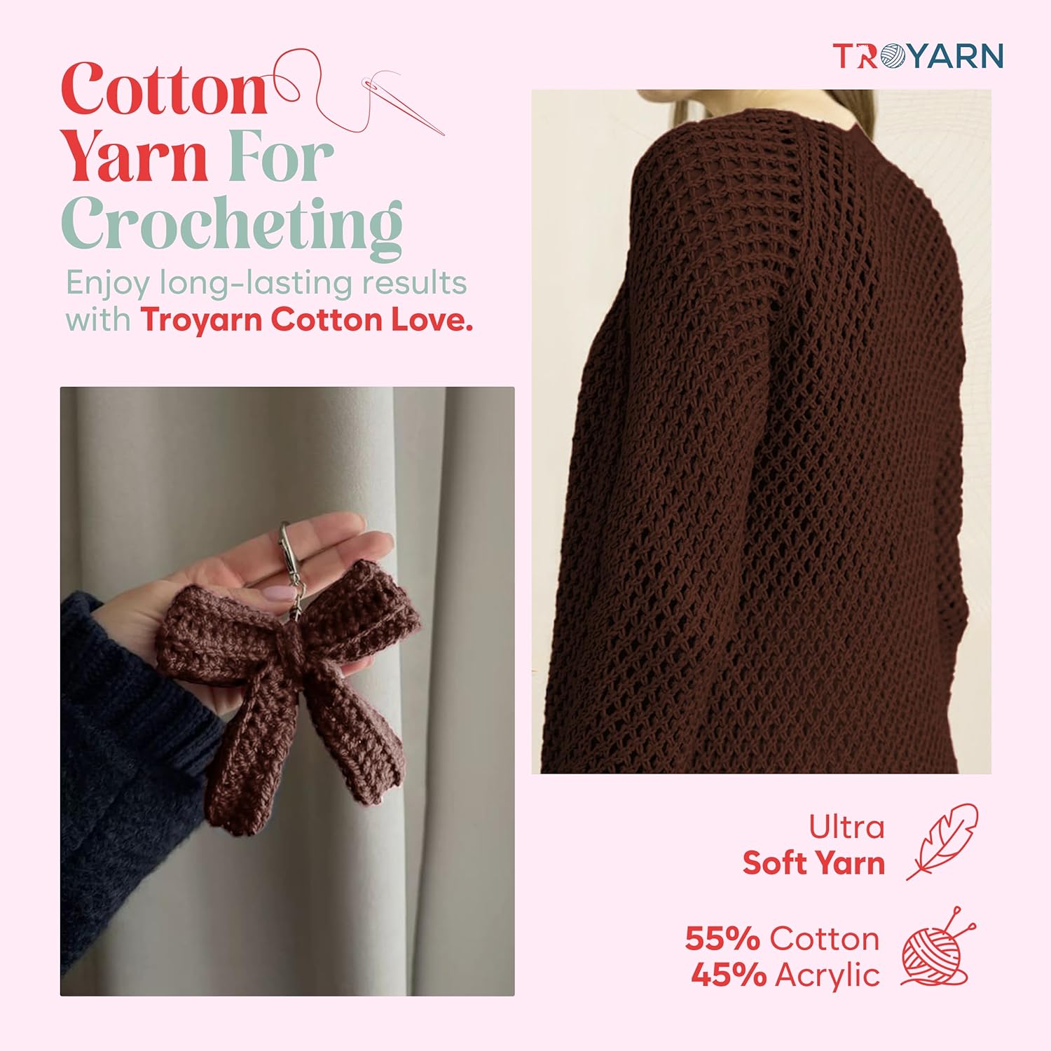 Troyarn Cotton Love (4- Skeins Pack) 55% Cotton 45% Acrylic Yarn Cotton Yarn (4 x 3.52 Oz - 4 x 100 gr) / (4x360 Yard-4x330 mt)(11326-Dark Brown)