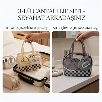Seyahat Çantalı Lif Seti, 3'lü, Şeffaf Fermuarlı Çanta, Banyo Lifi, Vücut Süngeri, Cream ve Grey Renk Seçenekleri (Gri)
