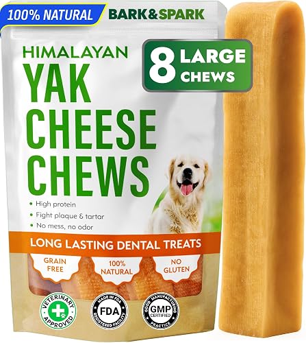 BARK&SPARK 8 Large Yak Cheese Himalayan Dog Chews - 100% Natural & Long Lasting Dog Treats, Yak Milk Chews for Small, Medium & Large Dogs, Lactose & Gluten Free Dental Sticks, Healthy & Safe