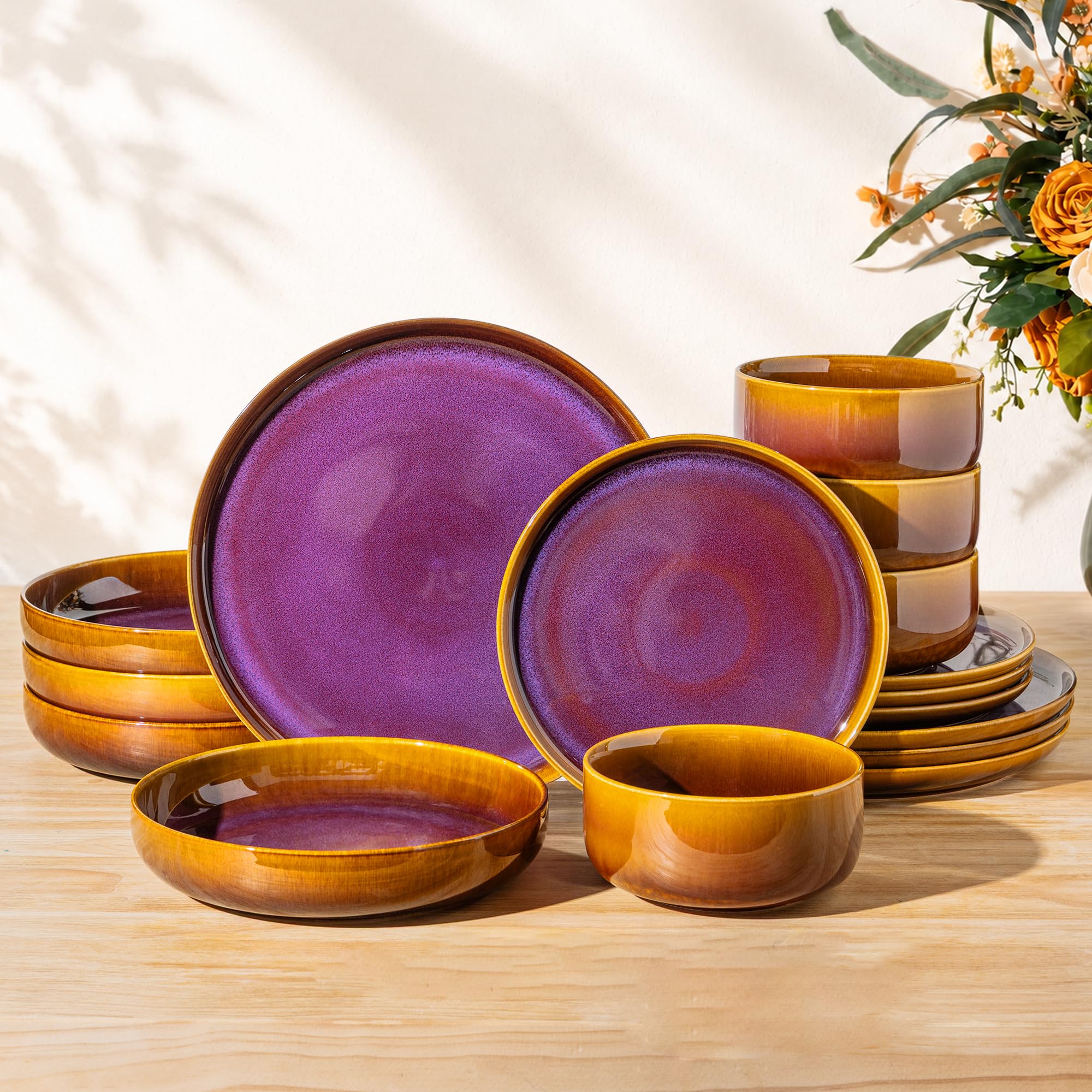 TheTerra Ceramic Dinnerware Set for 4, 16-Piece Plates and Bowls Set | Handmade Reactive Glaze Dish Set, Scratch Resistant, Oven &amp; Microwave &amp; Dishwasher Safe, Amber Amethyst