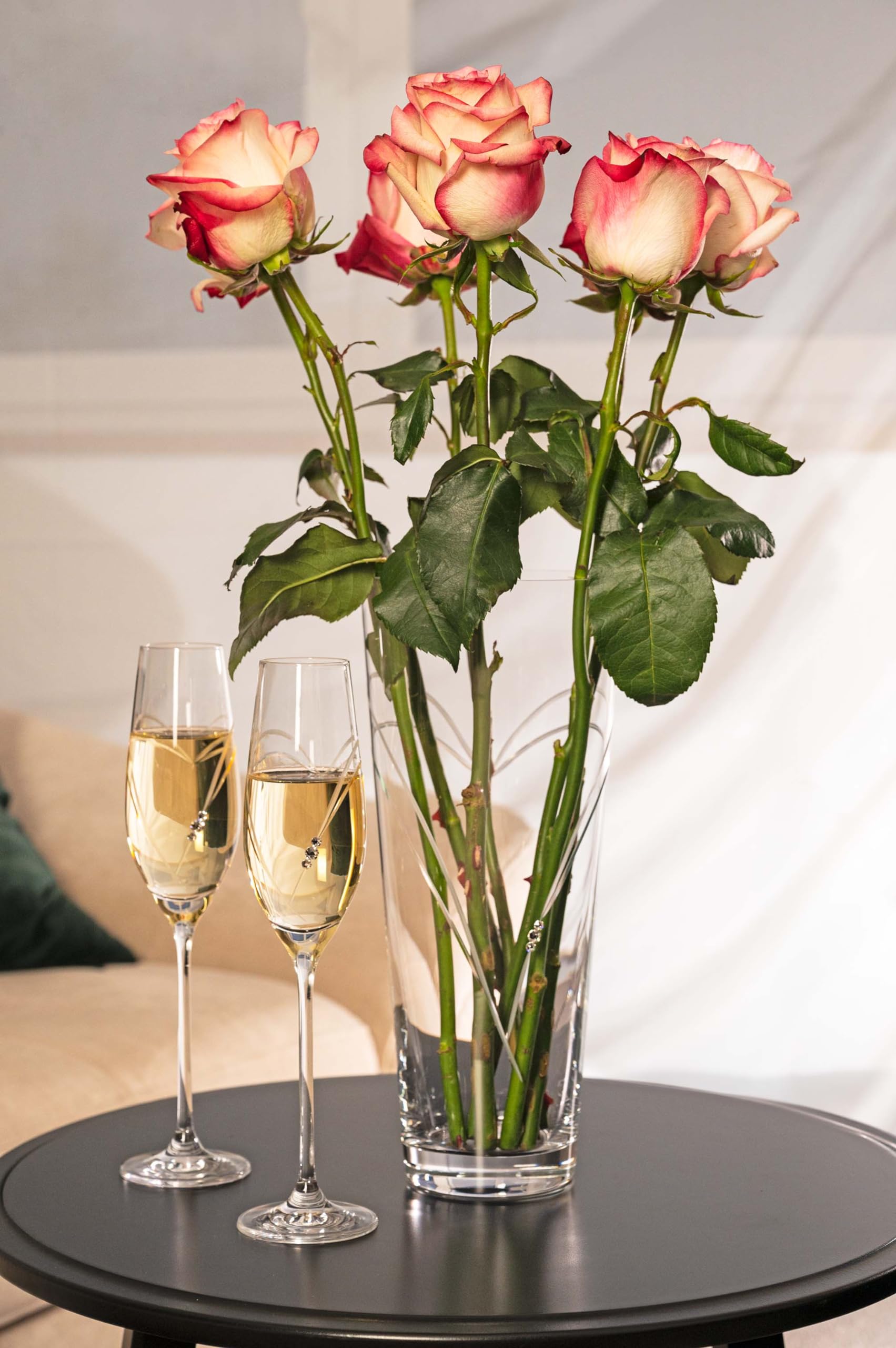 DIAMANTE Swarovski Trumpet Flared Crystal Vase "Hearts" - Hand Cut - 22cm, Clear - Image 4