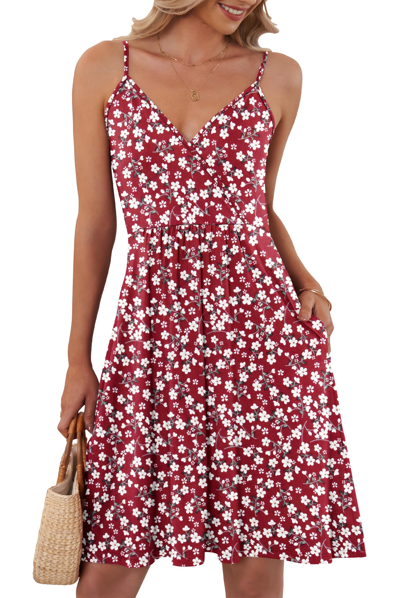 Auselily Women's Red Flowers Summer Dress V Neck Black Spaghetti Strap Summer Dress Casual With Pockets Xl