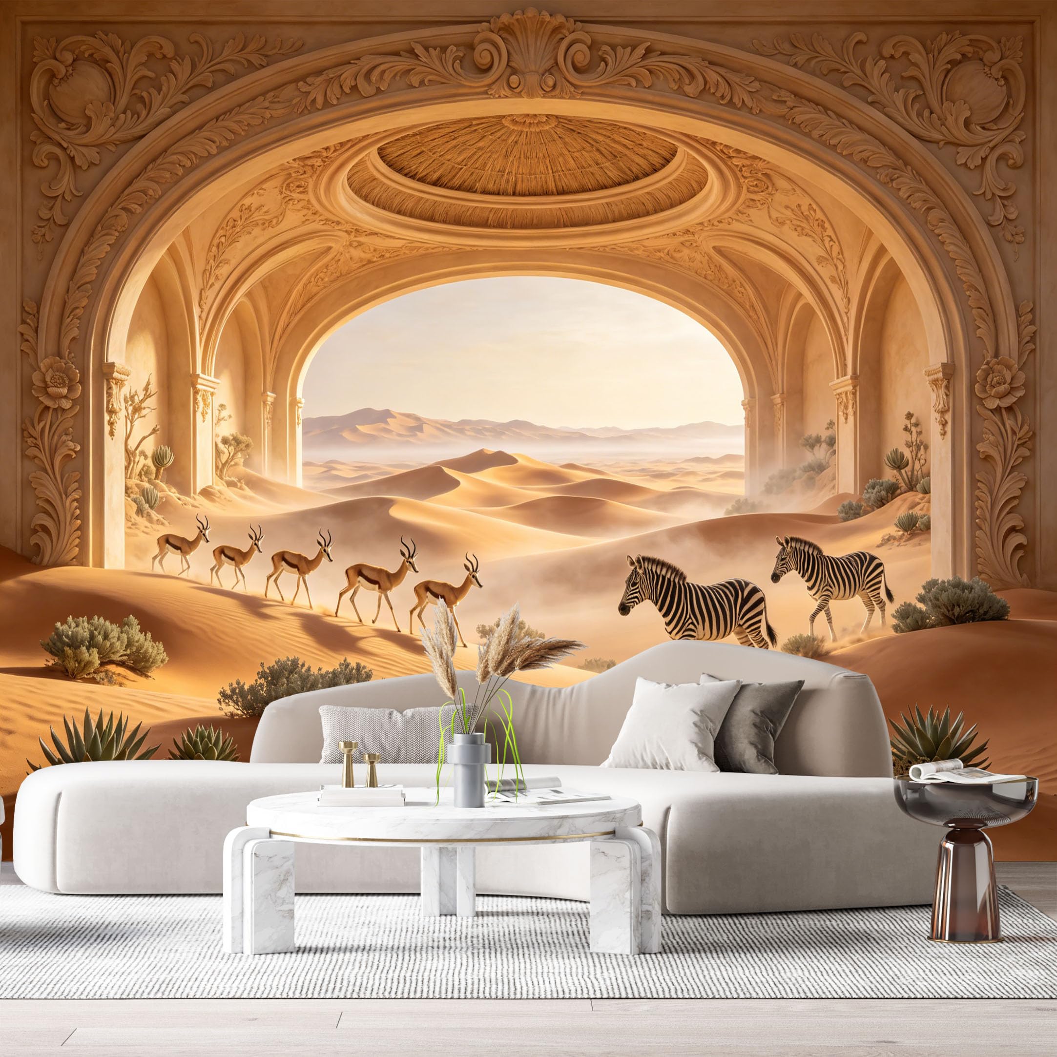 Custom Size Wall Murals Desert Safari Animals Zebra Antelope Archway 3D Trompe L'Oeil SelfAdhesiveWall Fabric Removable Wallpaper Wall Decor for Living Room Bedroom Bathroom