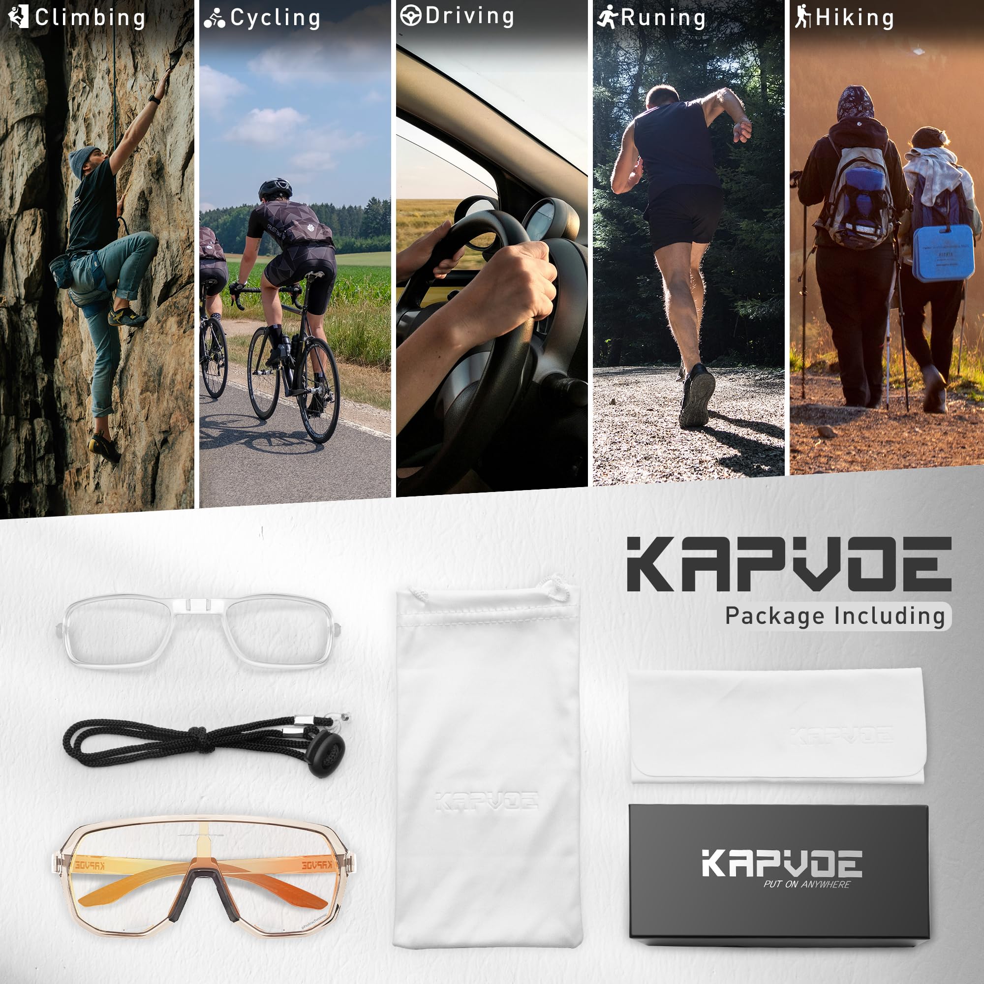 KAPVOE Fahrradbrille Selbsttönend Sonnenbrille Herren Damen Mountainbike Sonnenbrille Sportbrille UV-Schutz für Schnelle Radfahren Laufen Mtb Fahrrad K63