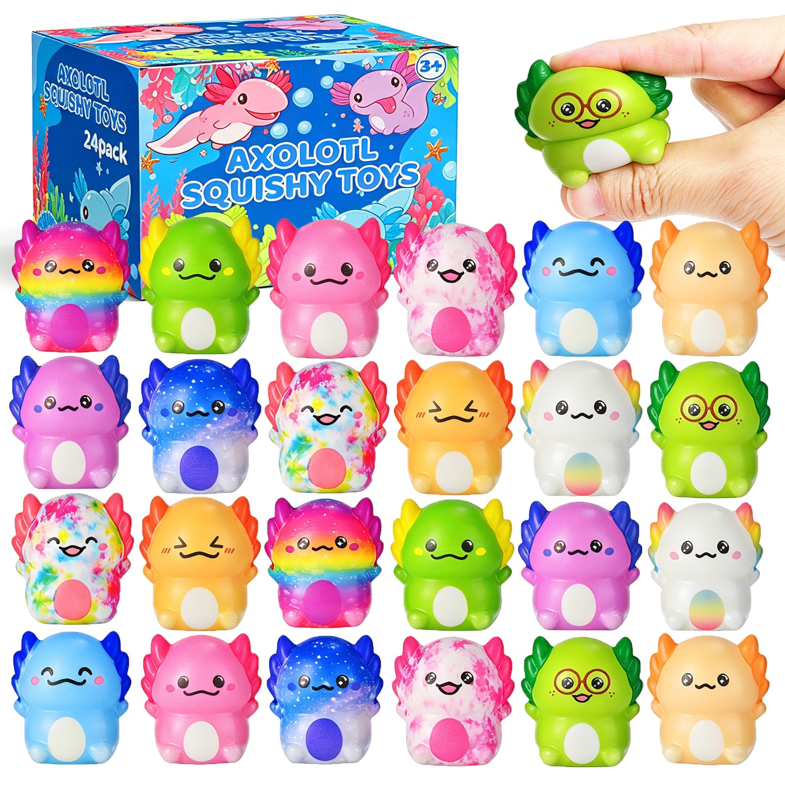 24 Pack Axolotl Slow Rising Squishy Squeeze Toys Stress Relief Fidget Toys for Kids Boys Girls Party Favors Birthday Gifts, Classroom Prizes Goodie Bag