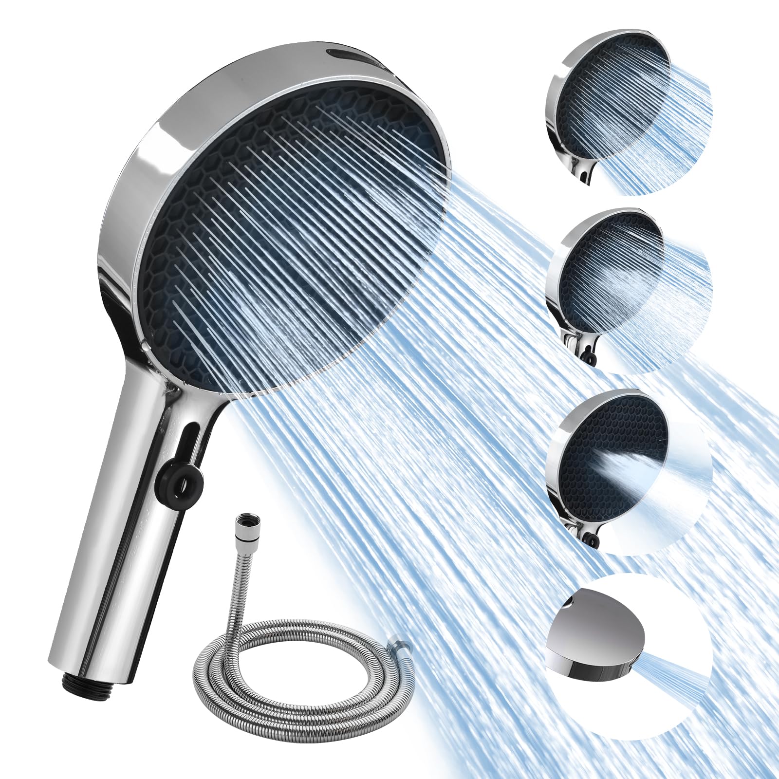 Soffione doccia grande ad alta pressione XXL con tubo soffione a pioggia con 3 + 1 tipi di getto, 130 mm, soffione doccia a risparmio d'acqua, soffione doccia doccia con ugelli in silicone
