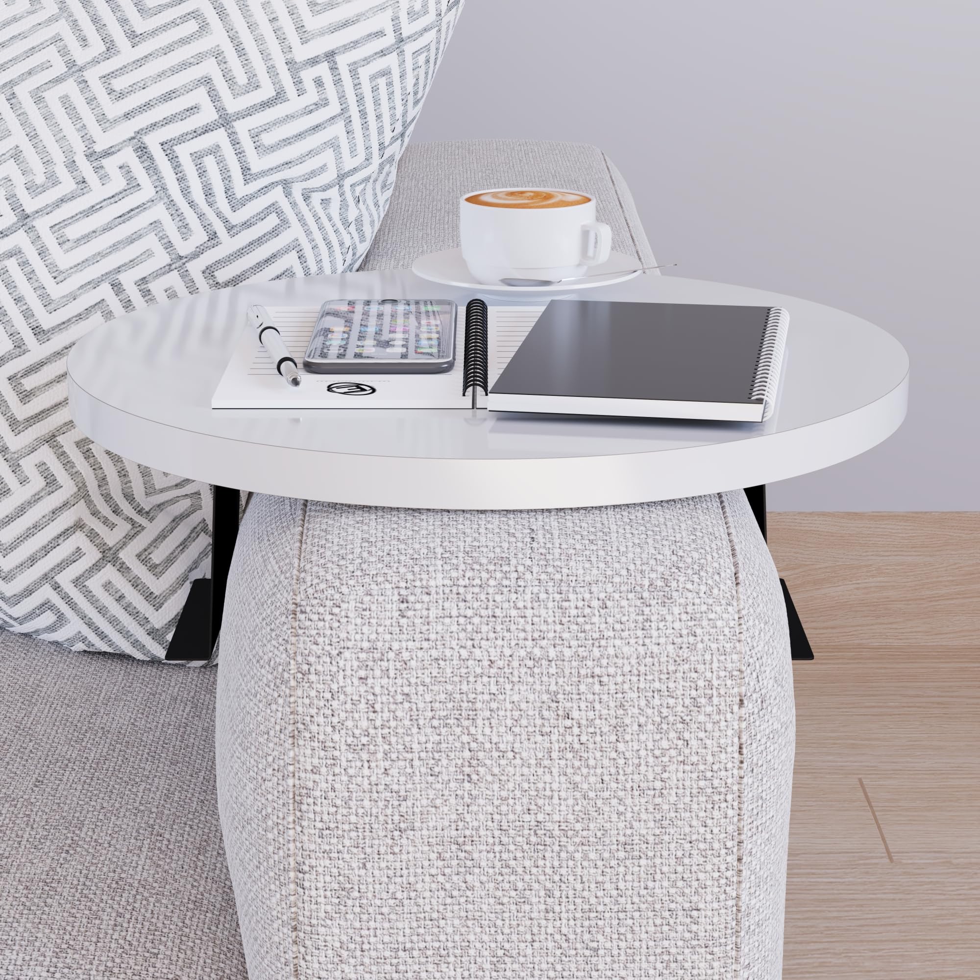 [en.casa] Tavolino Bracciolo per Poltrona Divano Piano Rotondo Ø34 cm Supporti Regolabili in Larghezza Vassoio da Appoggio Tavolino Laterale Divano - Bianco