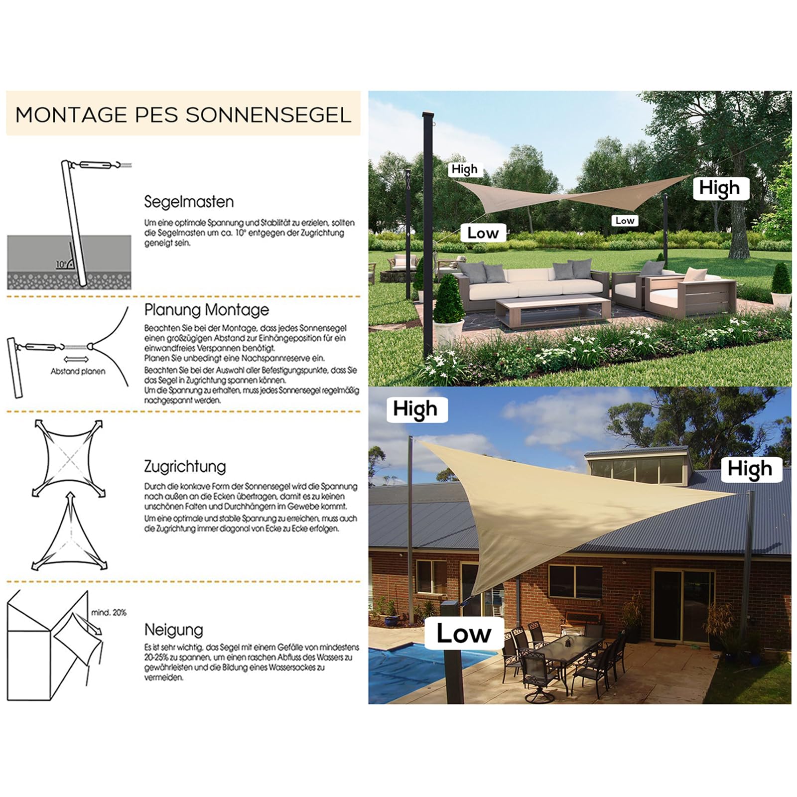 Sonnensegel Dreieckig Rechtwinklig 3x3x4.25m Wasserdicht im Viele Größe und Farben, PES Polyester, Sonnenschutz 95% UV Schutz, Reißfest Wetterfest für Terrasse Garten Balkon- Hellgrau