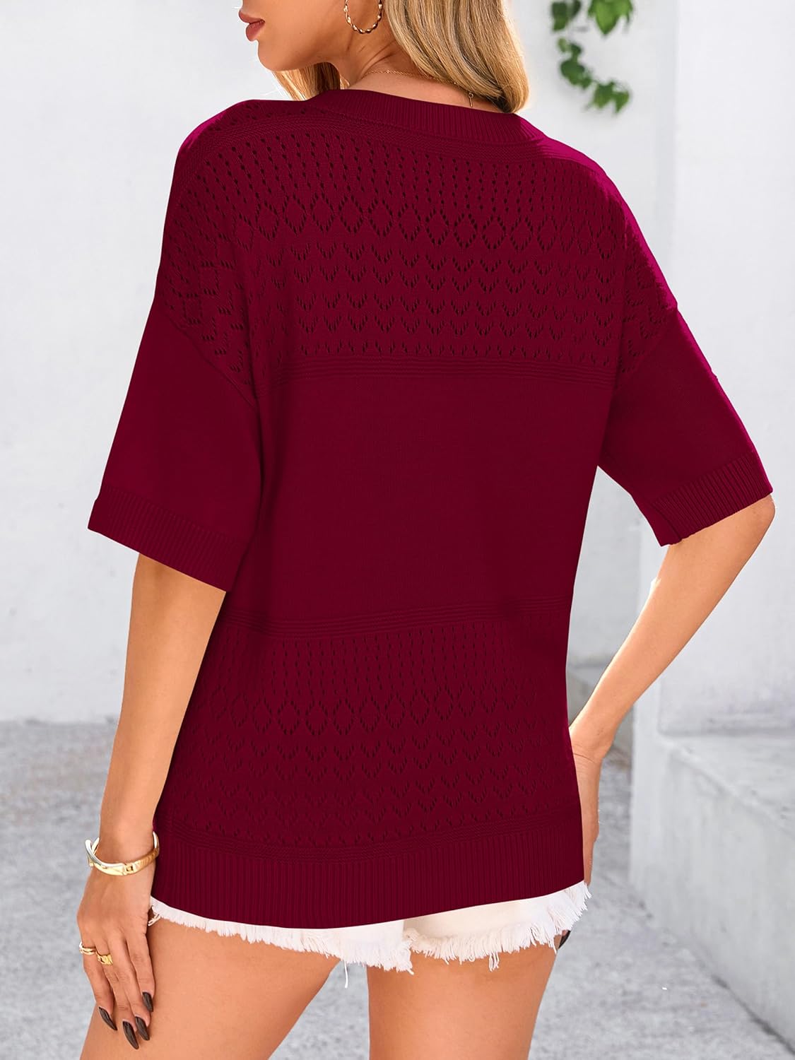 PRETTYGARDEN Women's Short Sleeve Sweater Tops 2026 Spring Summer Casual V Neck Ribbed Knit Trendy Eyelet Blouse T Shirts - Image 2