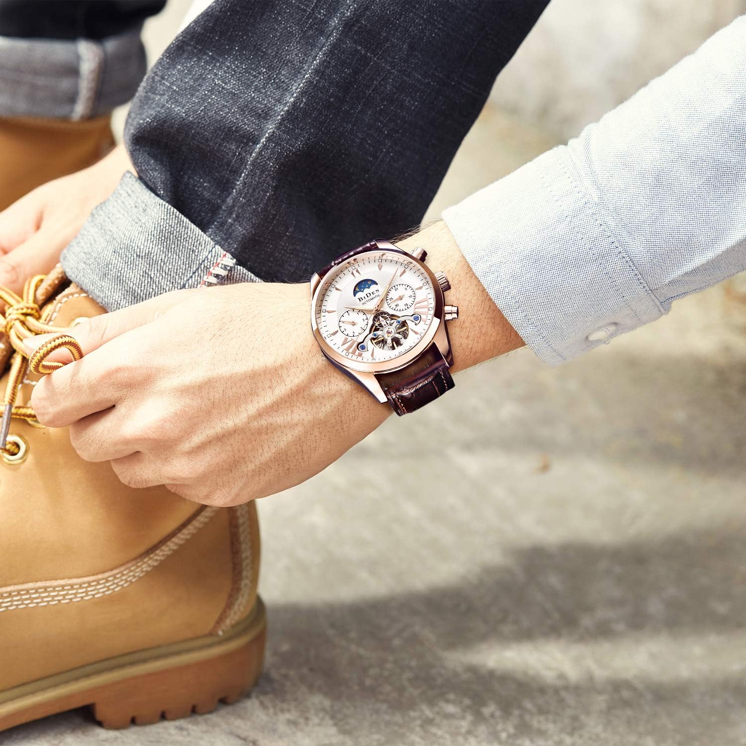 IK COLOURING Men's Leather Watch Luxury Automatic Mechanical Moon Phrase Skeleton Luminous Waterproof Hands Automatic Self-Wind Leather/Stainless Steel Wrist Watch - Image 2