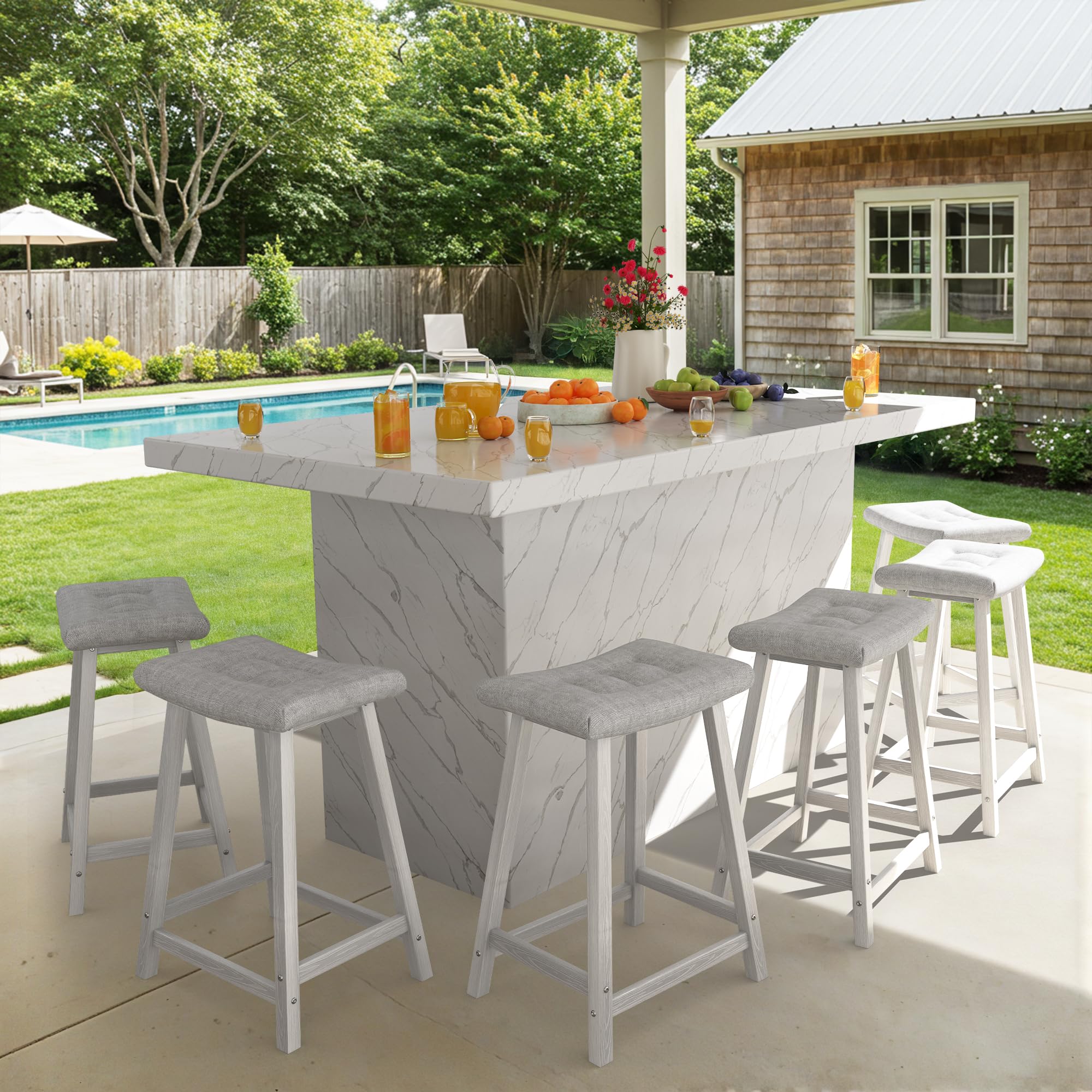Ciokea 6 Set 24" Counter Height Bar Stools with Cushions, Heavy Duty HDPE Outdoor Bar Stools Weatherproof Waterproof Patio Seats Modern BarStools for Bar Deck Balcony Kitchen Counter Yard, White