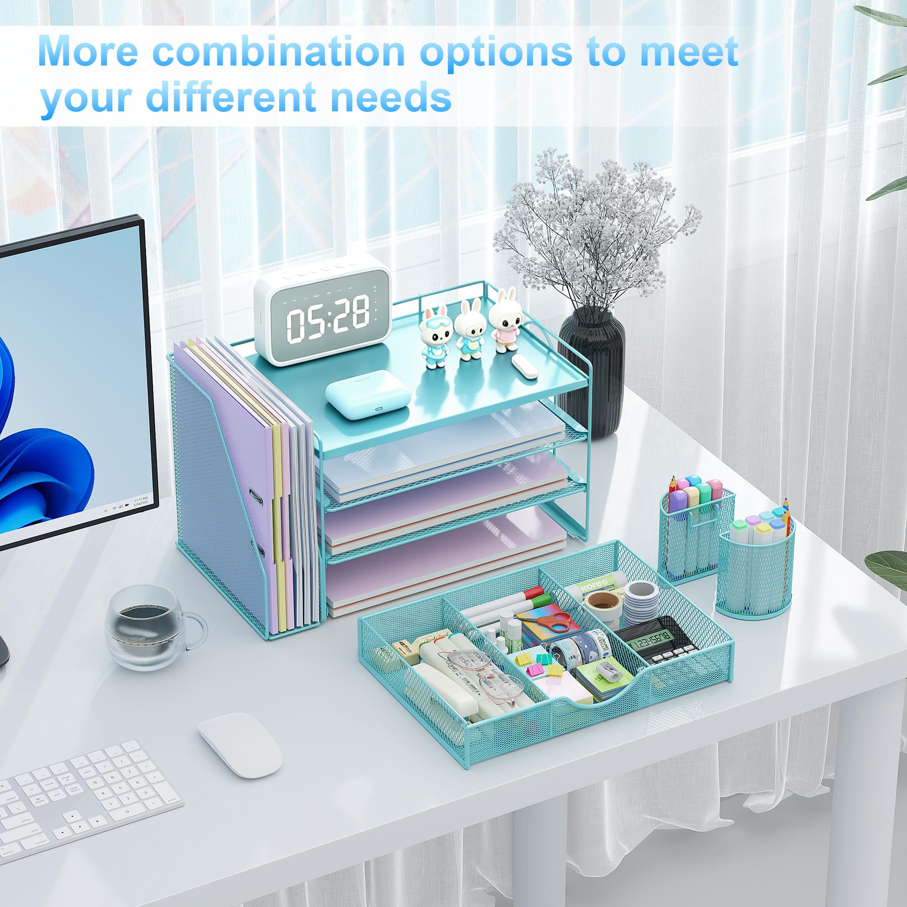 gianotter Desk Organizers and Accessories with File Holder, 4-Tier Desk Accessories & Workspace Organizers with Drawer and 2 Pen Holder, Desk Reference Organizer (Blue, 4T with Metal Drawer) view 3