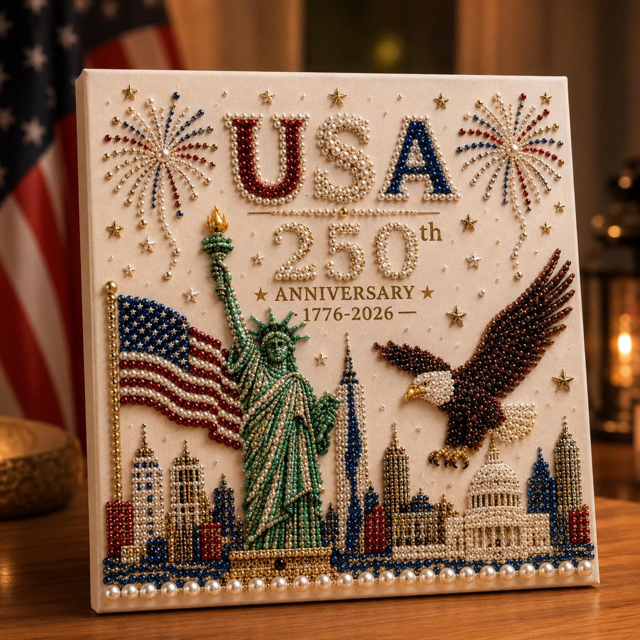 Patriotic Diamond Painting Kit, USA 250th Anniversary DIY Pearl Art Craft with Statue of Liberty Eagle Flag Design, 8 x 8 in, 1 Pack