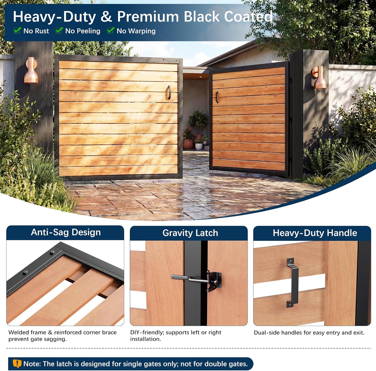 5 ft. H x 6 ft. W Driveway Gate Frame Kit, Anti-Sag Heavy Duty Single Steel Frame, DIY Wood Gate for Outdoor Entrances, Black Coated Fence Gates for Garden, Driveway, Yard (Wood Not Included)