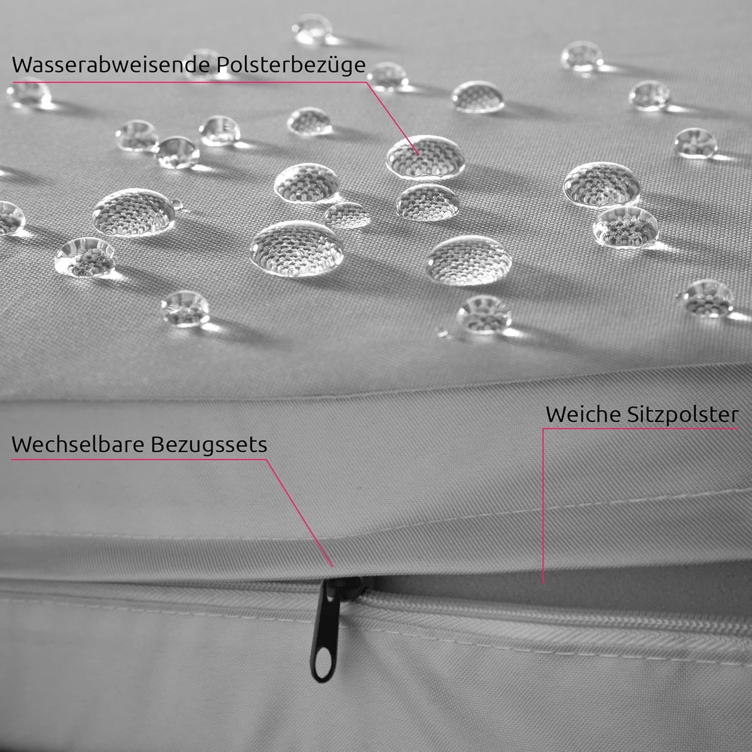 Diagram showing the robust frame construction, thick cushioning, flexible arrangement, easy cleaning, and stainless steel screws of the TecTake Venise Rattan Garden Lounge Set.