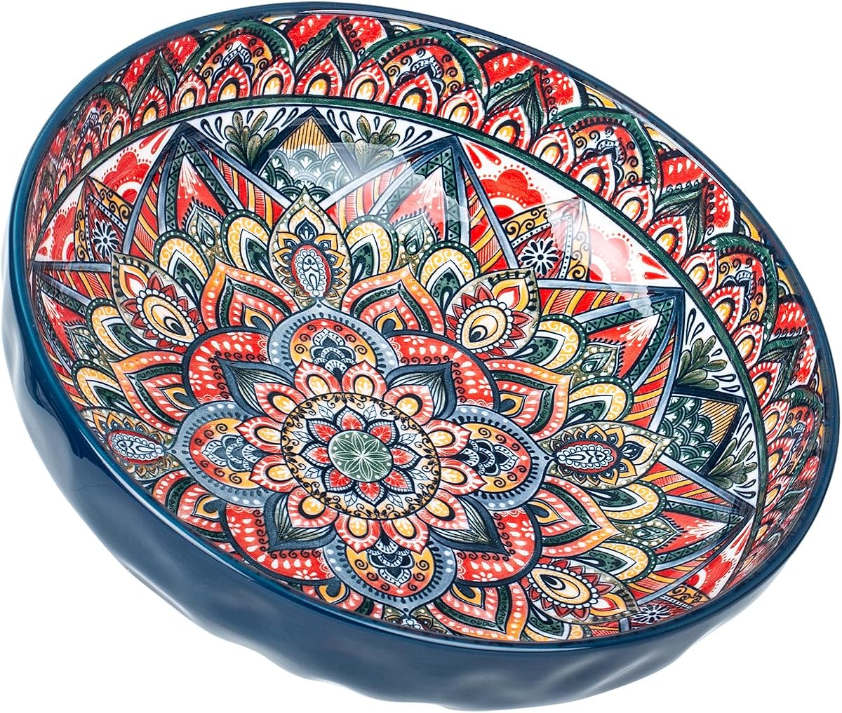 Cuencos para servir de 75 onzas, platos grandes de porcelana de estilo bohemio para fiestas entretenidas, cuencos grandes para comer sopa, ensalada, pasta, fruta, patatas fritas, 10,3 pulgadas de diámetro (azul)
