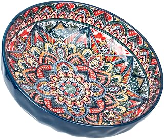 Ronanemon Bohemian 75oz Large Porcelain Serving Bowl 10.3 Inch Blue - Ideal for Salads, Pasta, Parties, Soup