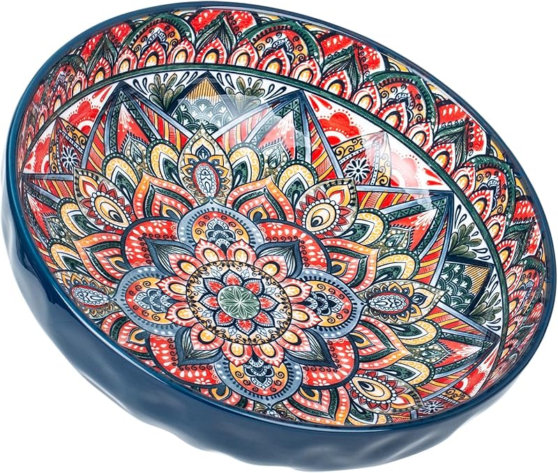 Cuencos para servir de 75 onzas, platos grandes de porcelana de estilo bohemio para fiestas entretenidas, cuencos grandes para comer sopa, ensalada, pasta, fruta, patatas fritas, 10,3 pulgadas de diámetro (azul)