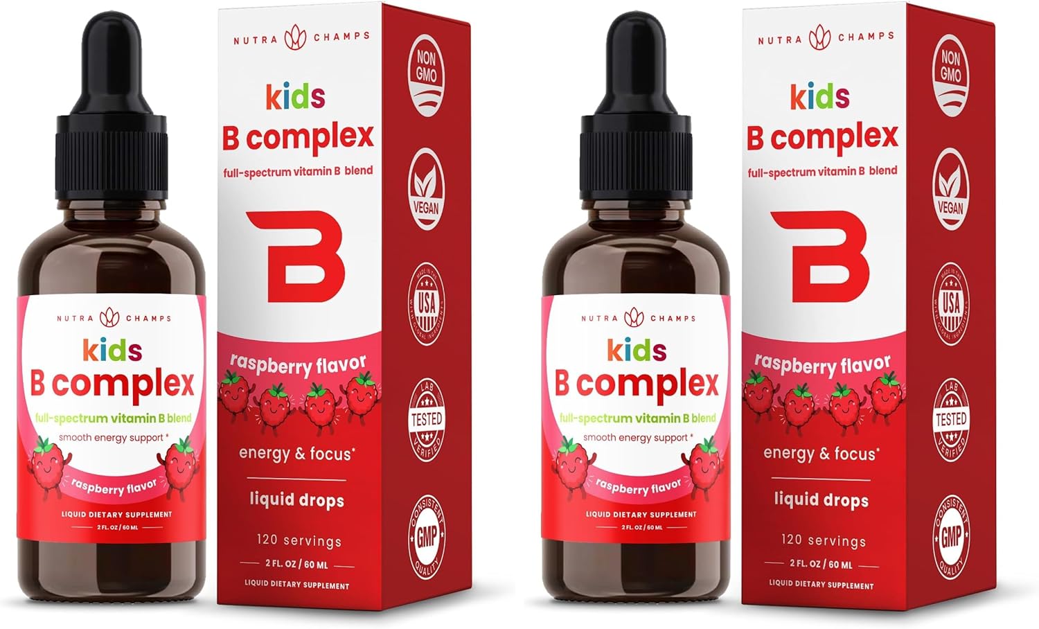 NutraChamps Vitamin B Complex for Kids, B1, B2, B3, B6, B7, B9 & Methyl B12, Kids B Complex Liquid Drops Supplement, Energy, Focus, Metabolism, Natural Berry, 120 Servings, 4 Month Supply (Pack of 2)