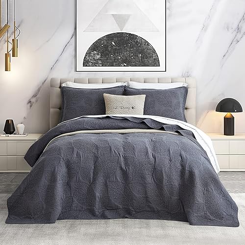 CHIXIN Edredón botánico de algodón tamaño Queen, patrón de hojas con costuras reales, juego de colcha acolchada, ultrasuave, ligero, reversible, 3