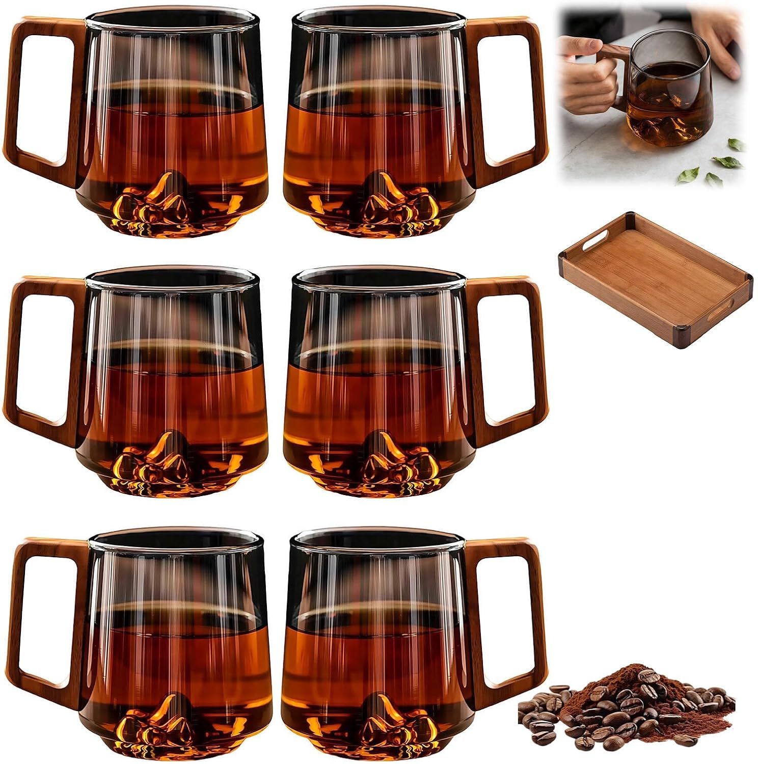Gray Glass Slanted Coffee Cups with Wooden Handle, 15.2oz Large Glass Mugs with Handle, 3D Mountain Bottom Clear Coffee Mugs for Café & Tea Lovers, Vintage Style Wood Handle Mug for Home, Gift