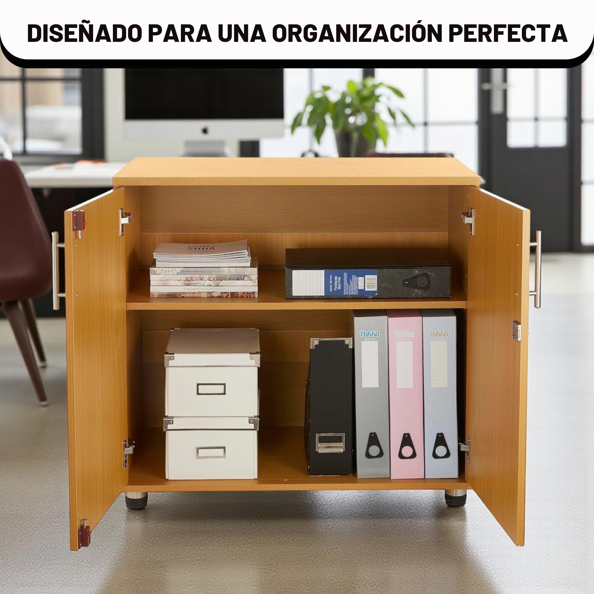 Armario de almacenamiento de oficina de haya, altura de escritorio, estantería de 2 puertas con cerradura, altura de extensión de escritorio de 75 cm