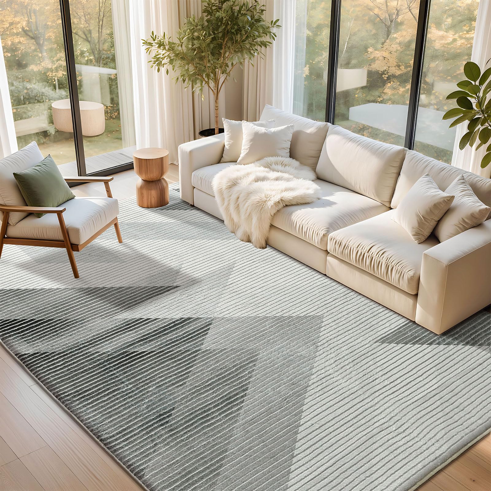 Tapis salon moderne abstrait géométrique gris blanc 200 x 300 cm