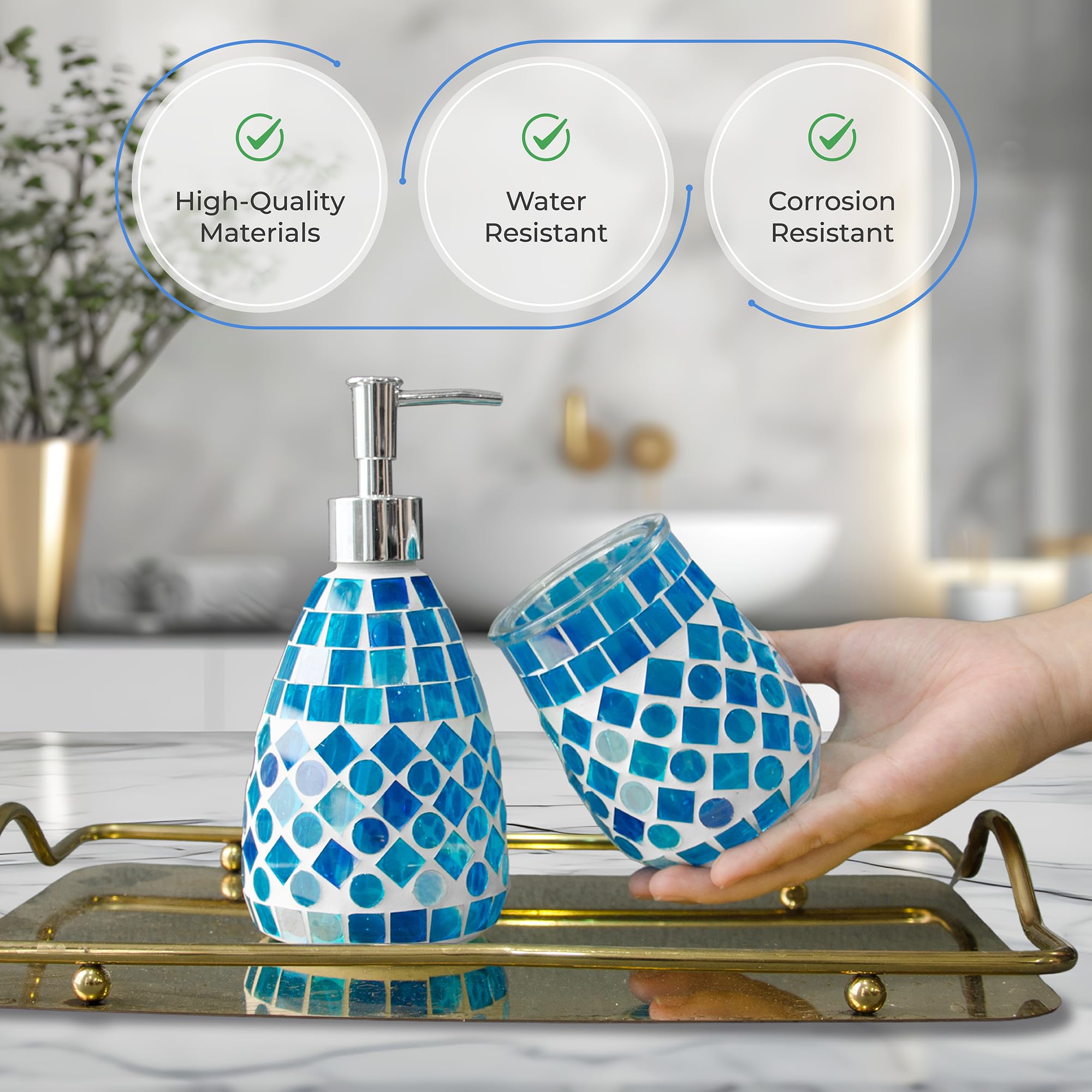 ELEGANTZ Juego de accesorios de baño - Juego de accesorios de baño de mosaico con dispensador de jabón de vidrio y soporte para cepillo de dientes - Accesorios de baño decorativos para encimera para
