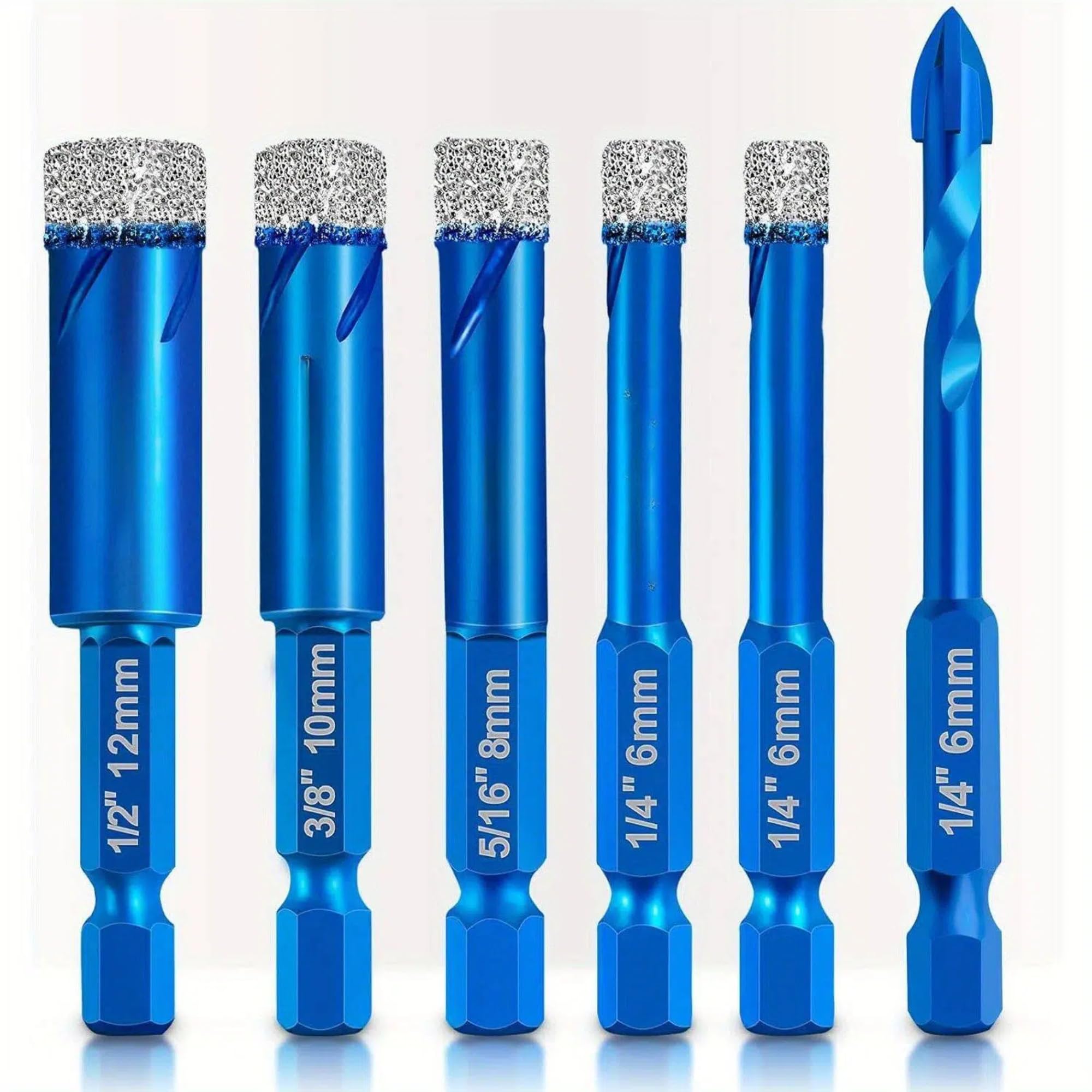 6PCS Tile Drill Bits Set, Diamond Drill Bit Kit with 6mm Carbide Positioning Bit and 6mm Tile Drill Bit, 6/8/10 and 12mm Porcelain Tile Drill Bit Set, Hex Shank Diamond Drill Bit Hole Saw for Cerami