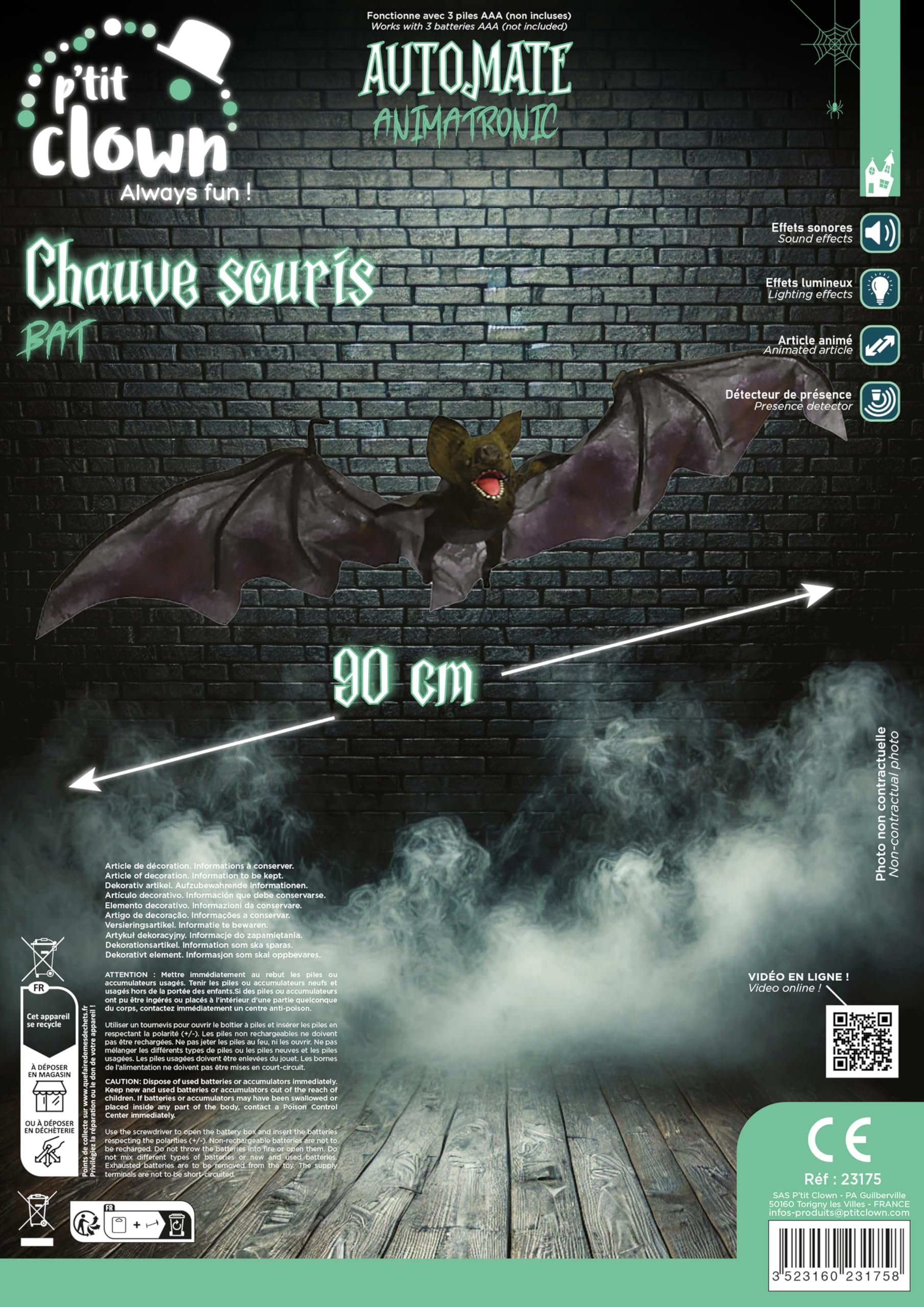 P'tit Clown - 23175 - Automate Halloween Chauve-Souris Animé - Animatronique - Animatronics - Animée, Sonore, Lumineuse - Décoration Effrayante - Piles Non incluses (3 x AA) - 90 cm