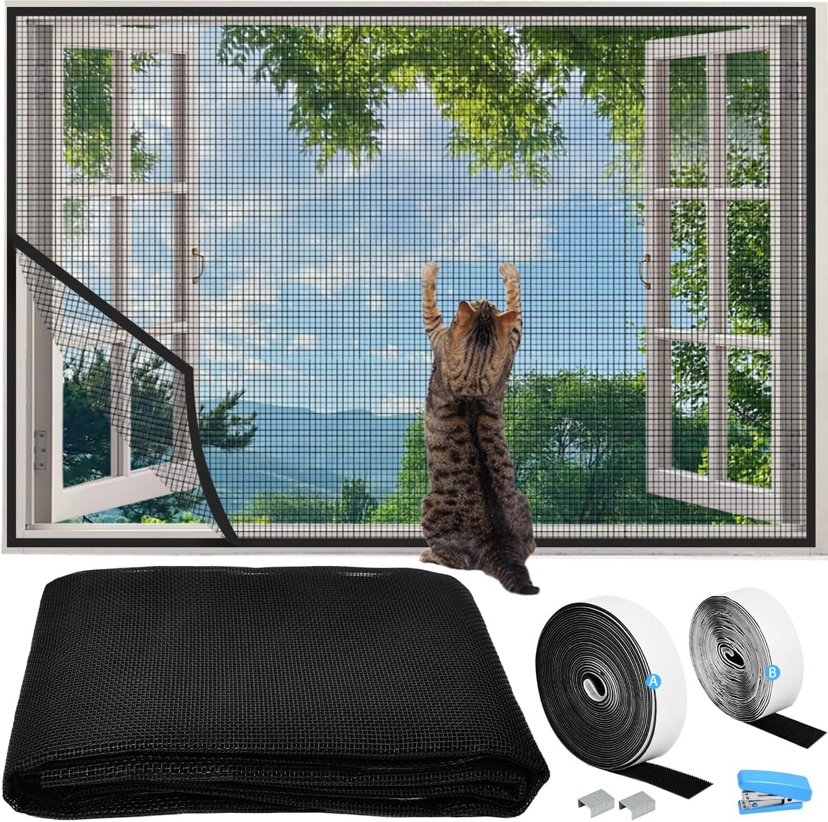 Fiberglas Fliegengitter Fenster 100x130cm, Einstellbare Katzenschutz Fenster Netz Mit Selbstklebeband Insektenschutz Fenster Katzennetz Balkon Fenster Ohne Bohren für Alle Innen Fenster